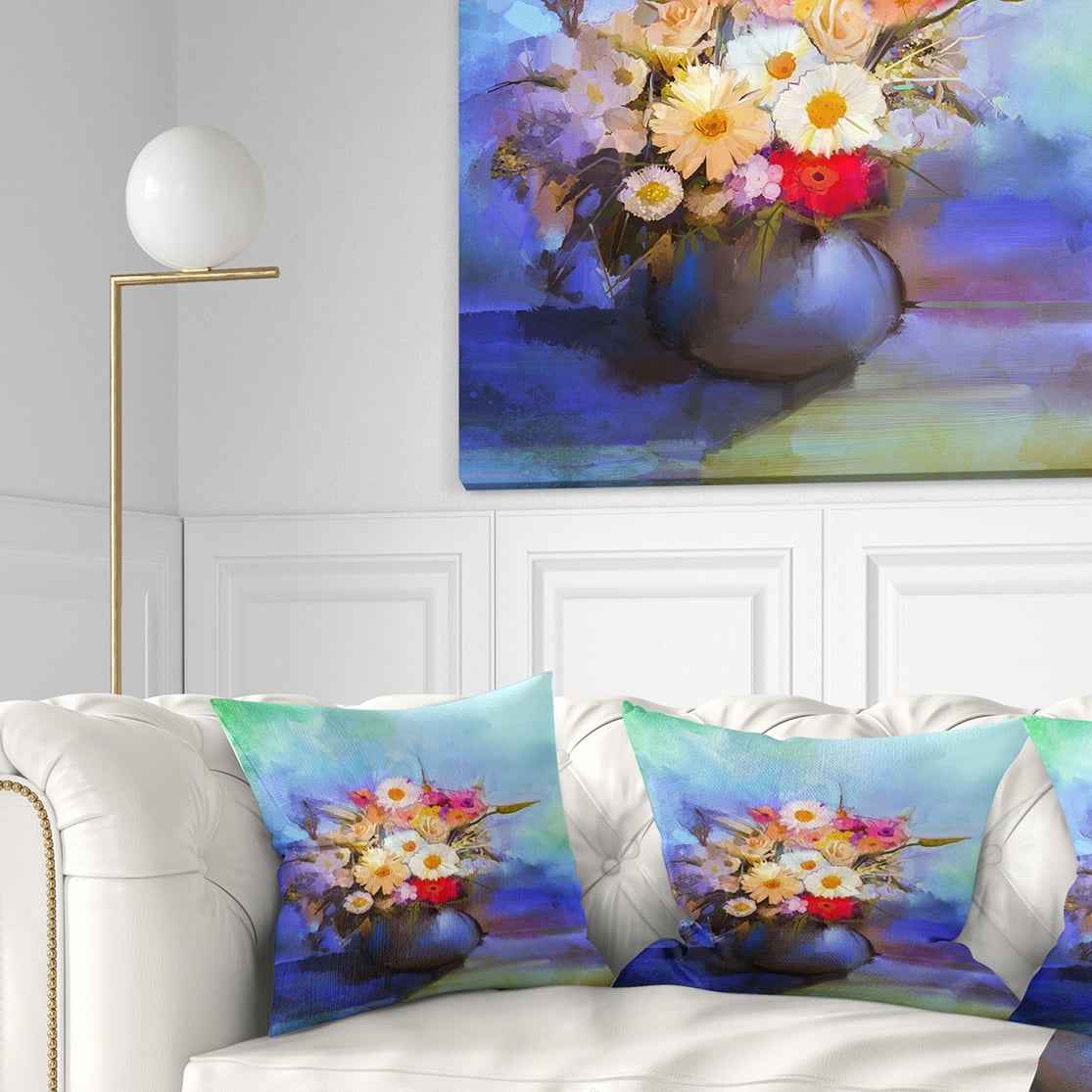 Designart Beautiful Flowers Bouquet on Blue - Floral Throw Pillow - 18x18