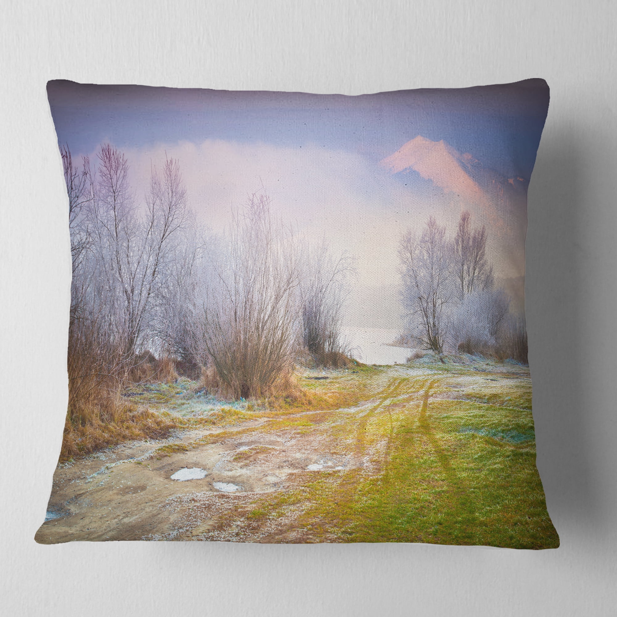 Designart Beautiful Foggy Autumn Sunset - Landscape Printed Throw Pillow - 16x16