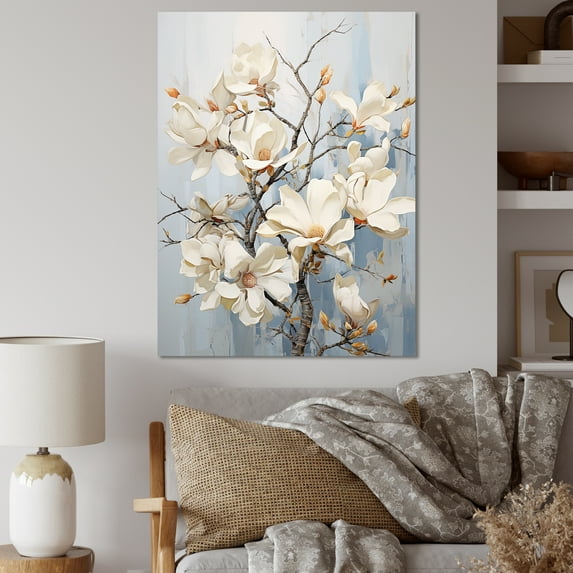 Designart "Beautiful Full Blooming Beige And Blue Magnolias" Magnolias Wall Art Prints