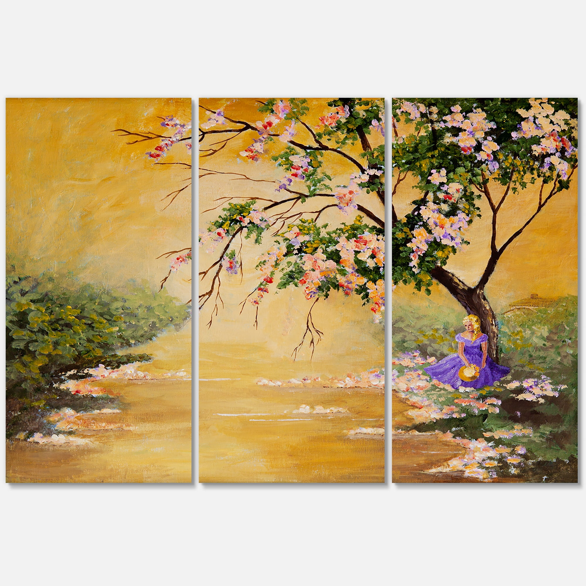 Designart ' Beautiful Girl Standing By The Flowering Tree ' Traditional Canvas Wall Art Print