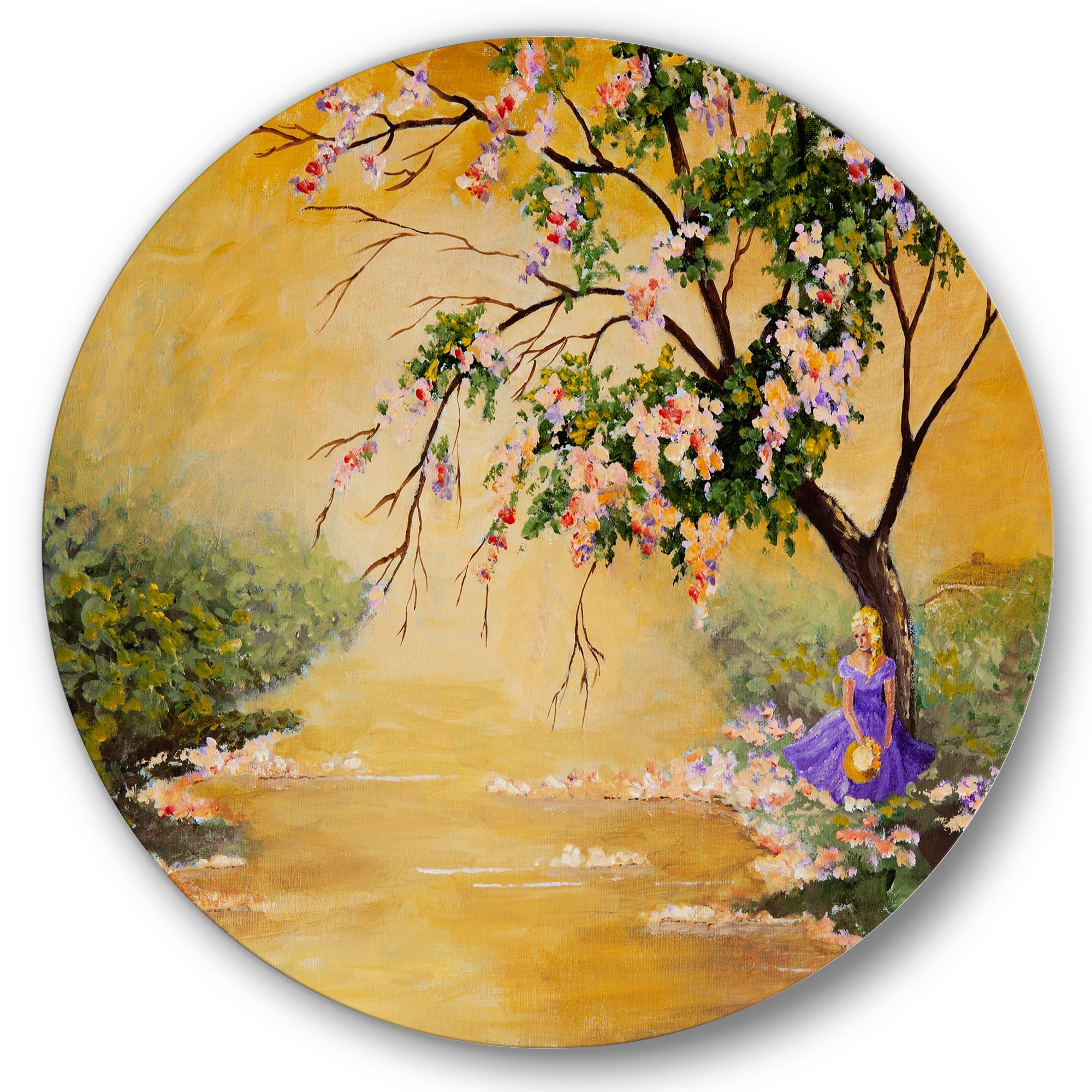 Designart 'Beautiful Girl Standing By The Flowering Tree' Traditional Circle Metal Wall Art 29x29 - Disc of 29