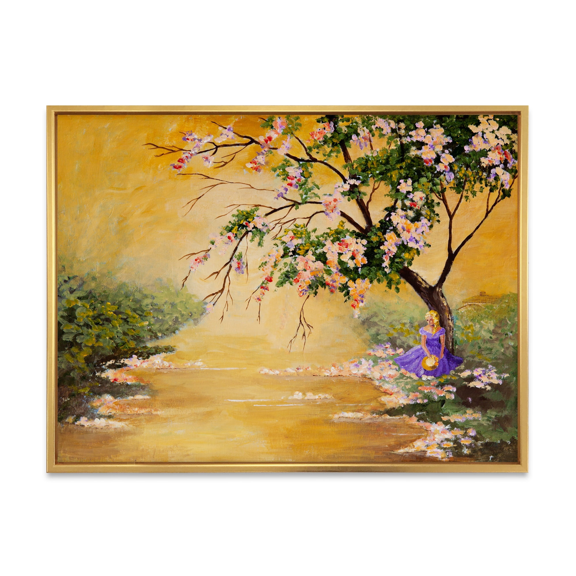 Designart 'Beautiful Girl Standing By The Flowering Tree' Traditional Framed Canvas Wall Art Print