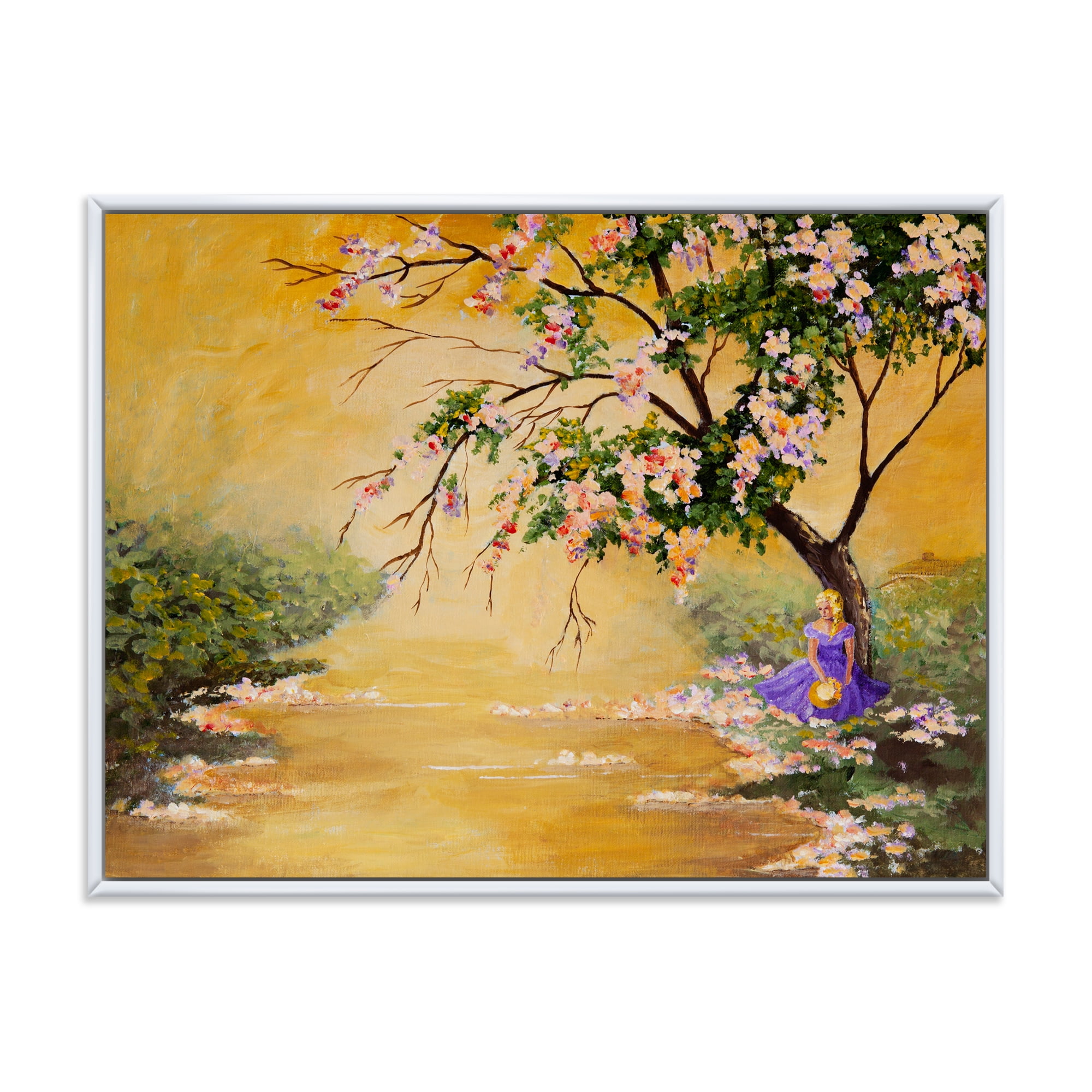 Designart 'Beautiful Girl Standing By The Flowering Tree' Traditional Framed Canvas Wall Art Print