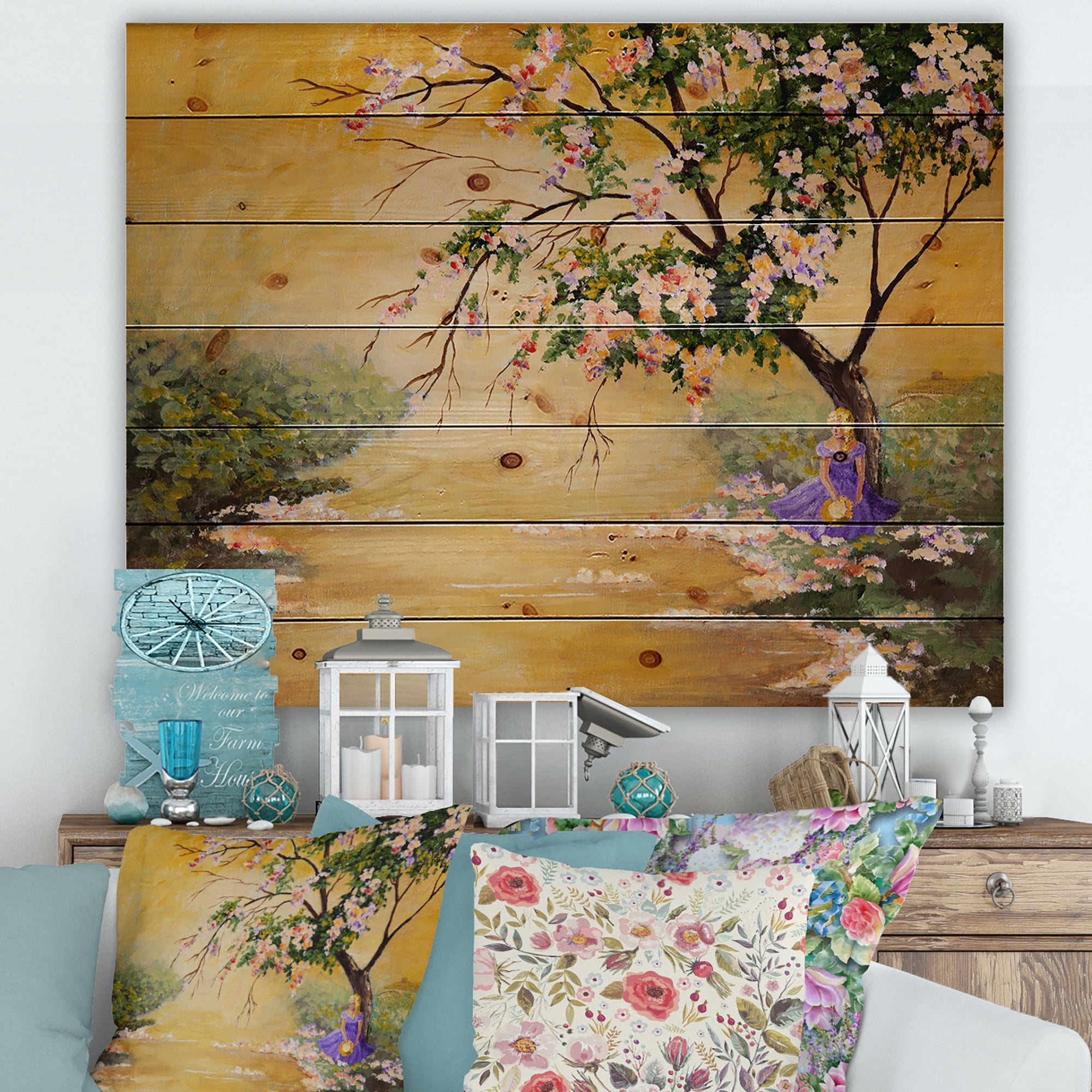 Designart 'Beautiful Girl Standing By The Flowering Tree' Traditional Print on Natural Pine Wood