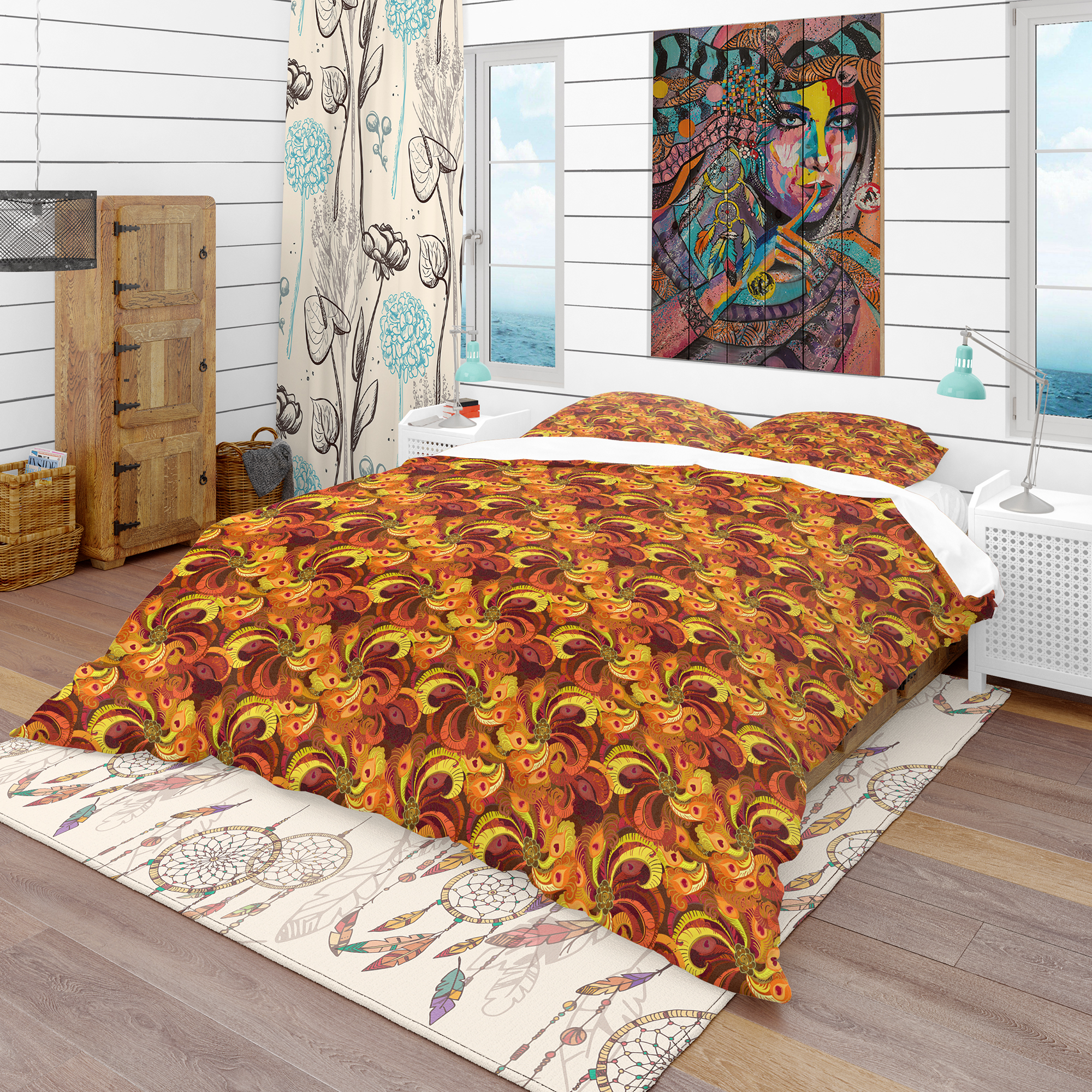 Designart 'Beautiful Golden Orange & Red Peacock Feathers' Bohemian & Eclectic Duvet Cover Set