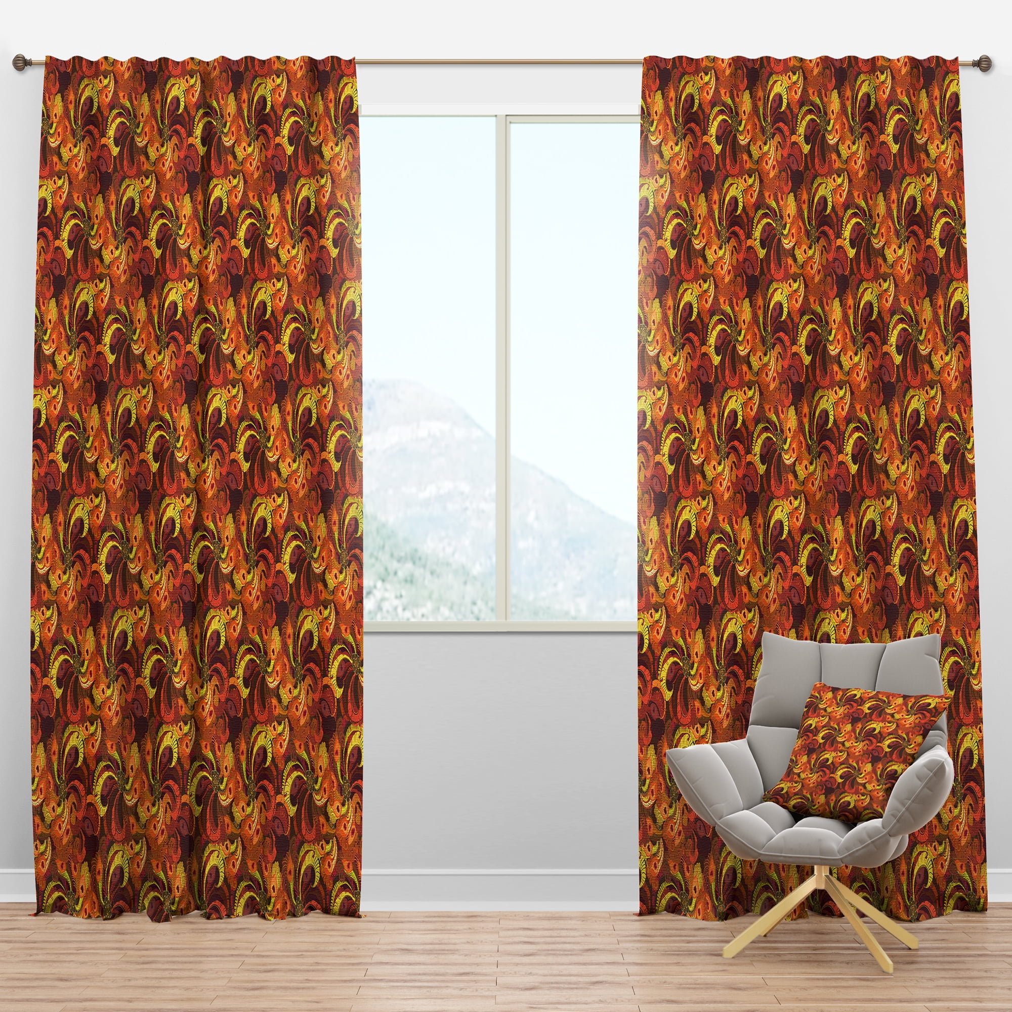 Designart 'Beautiful Golden Red and Orange Peacock Feathers' Bohemian & Eclectic Blackout Curtain Panel