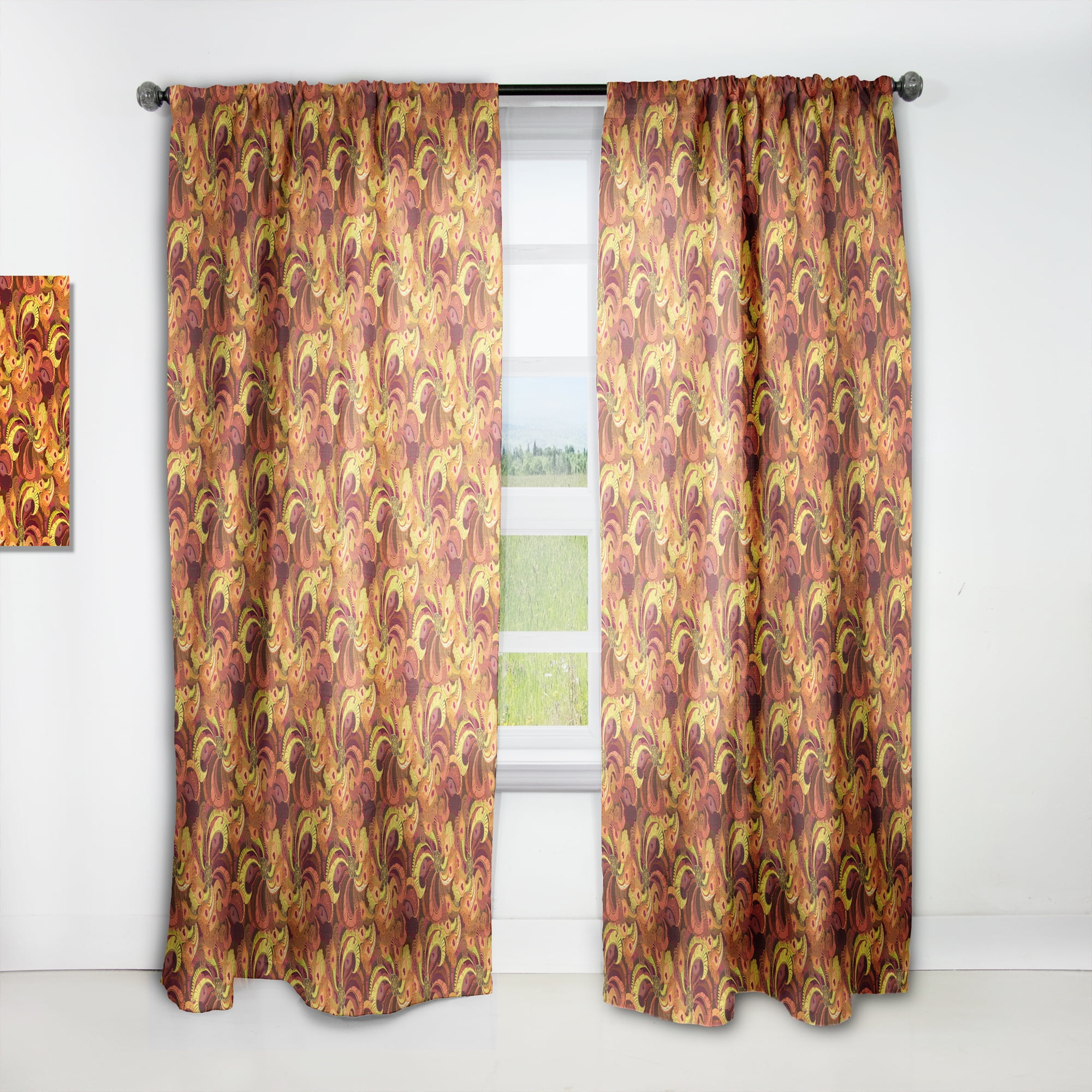 Designart 'Beautiful Golden Red and Orange Peacock Feathers' Bohemian & Eclectic Curtain Panel