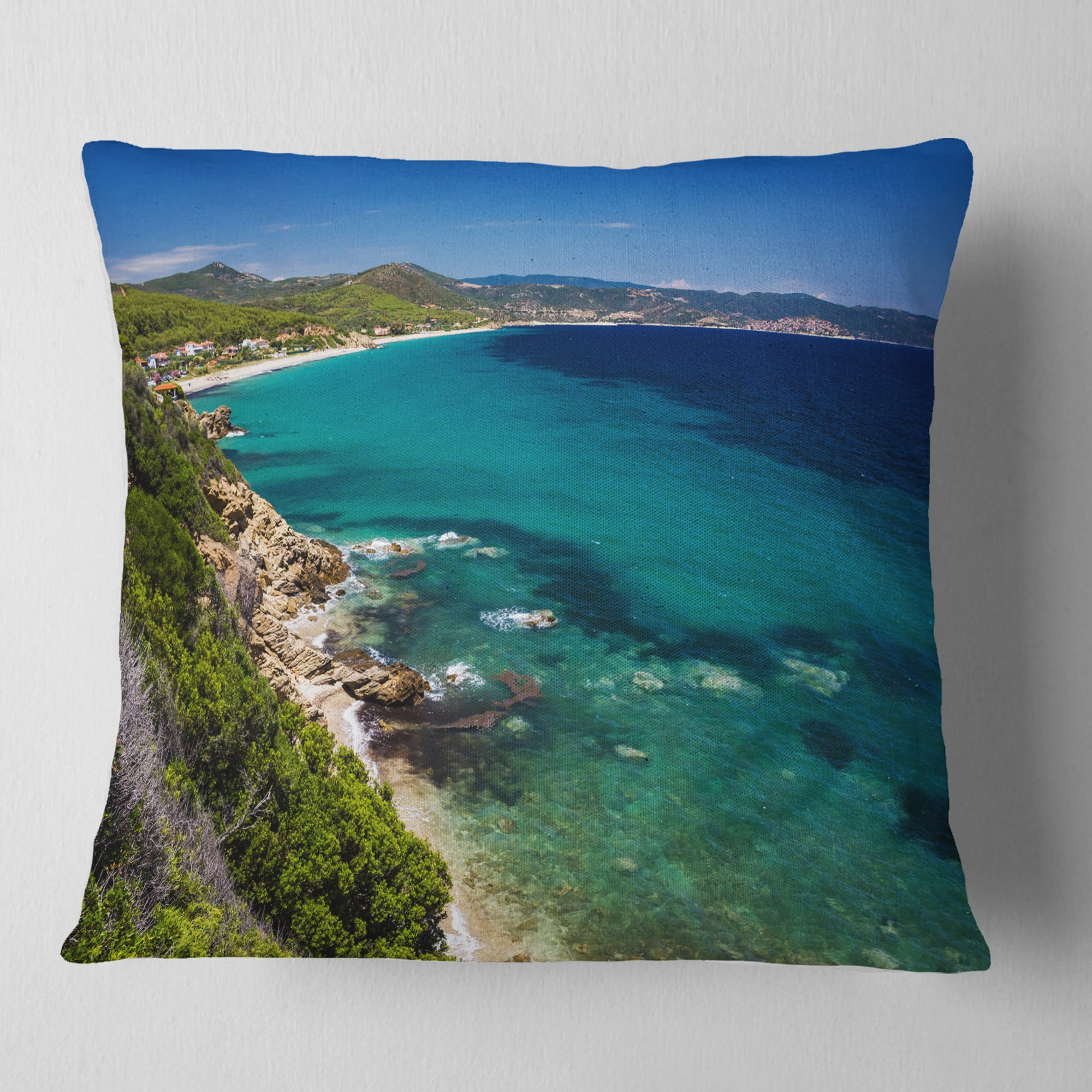 Designart Beautiful Greek Beach of Sea - Seashore Throw Pillow - 18x18