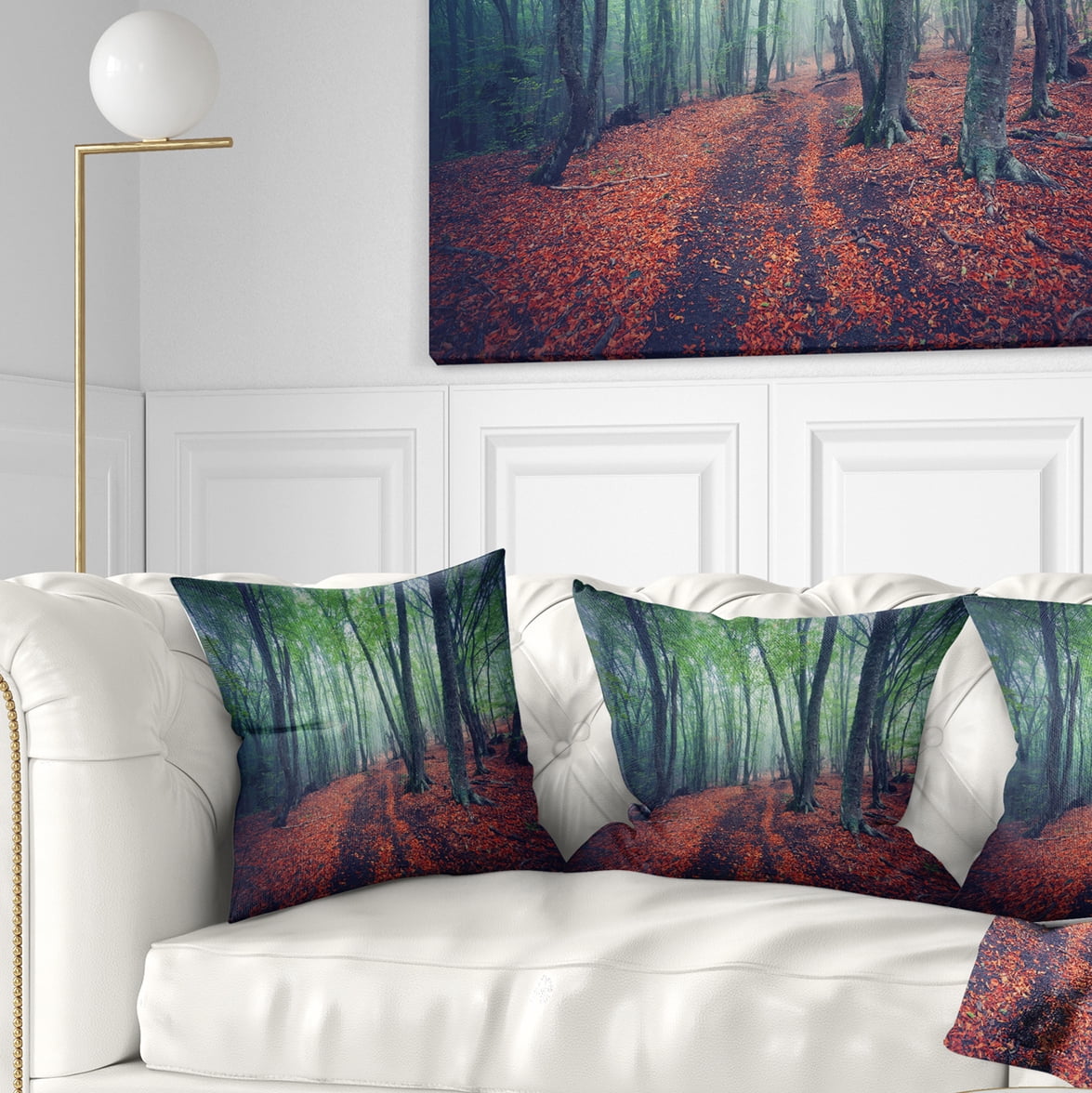 Designart Beautiful Green Autumn Forest - Landscape Photography Throw Pillow - 18x18