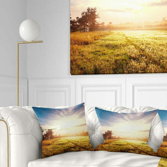 Designart Beautiful Green Pasture on Sunrise - Landscape Printed Throw Pillow - 18x18