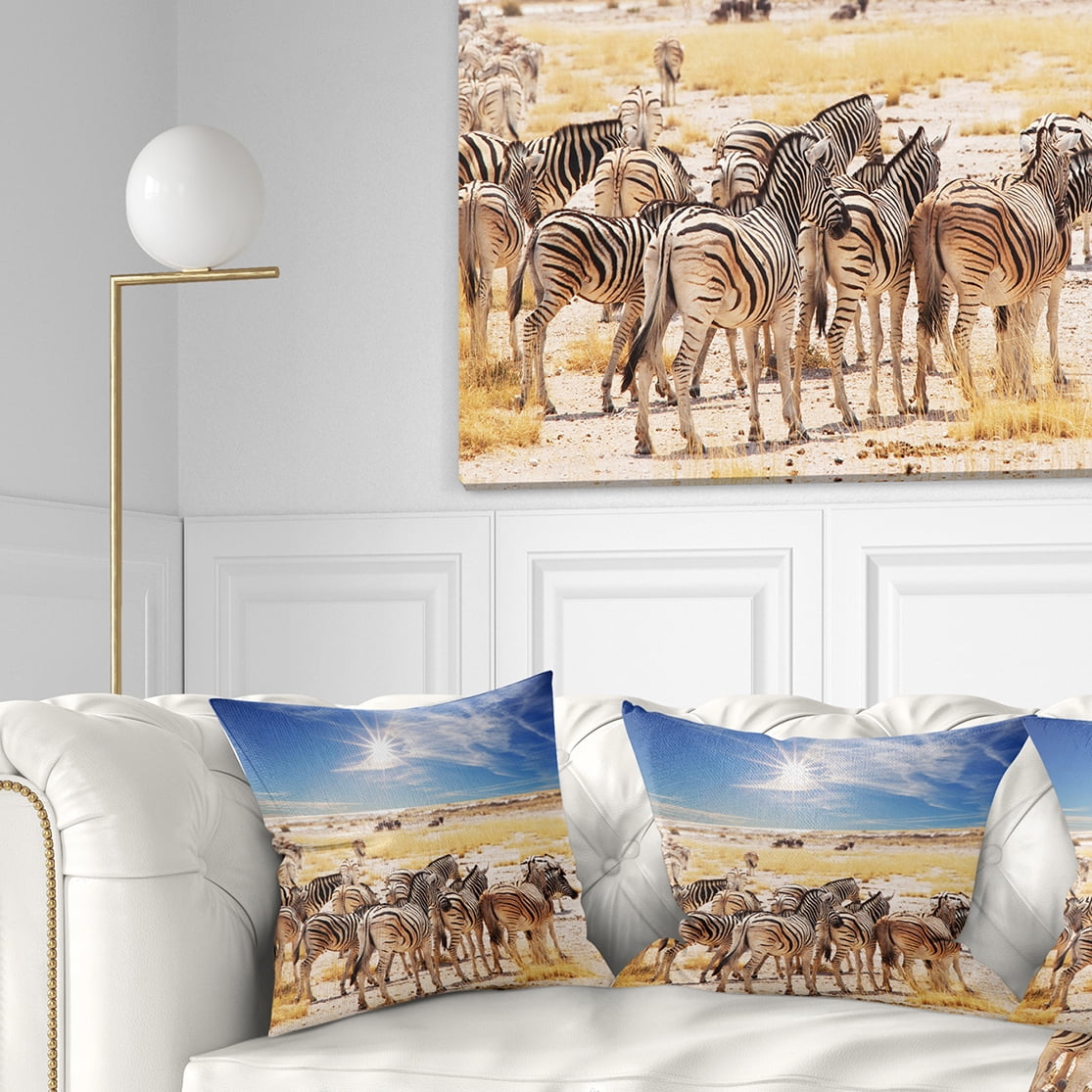 Designart Beautiful Herd of Zebra on Bright Day - African Wall Throw Pillow - 16x16