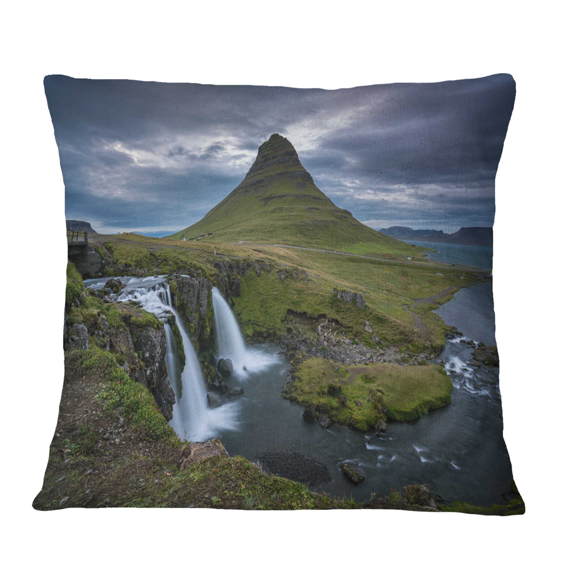 Designart Beautiful Kirkjufellsfoss Waterfall - Landscape Printed Throw Pillow - 18x18