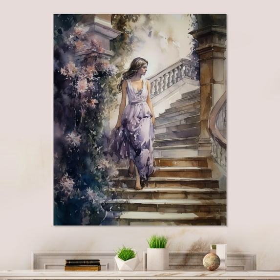 Designart "Beautiful Lady by the Stairs IV" Woman Romantic Metal Wall Art