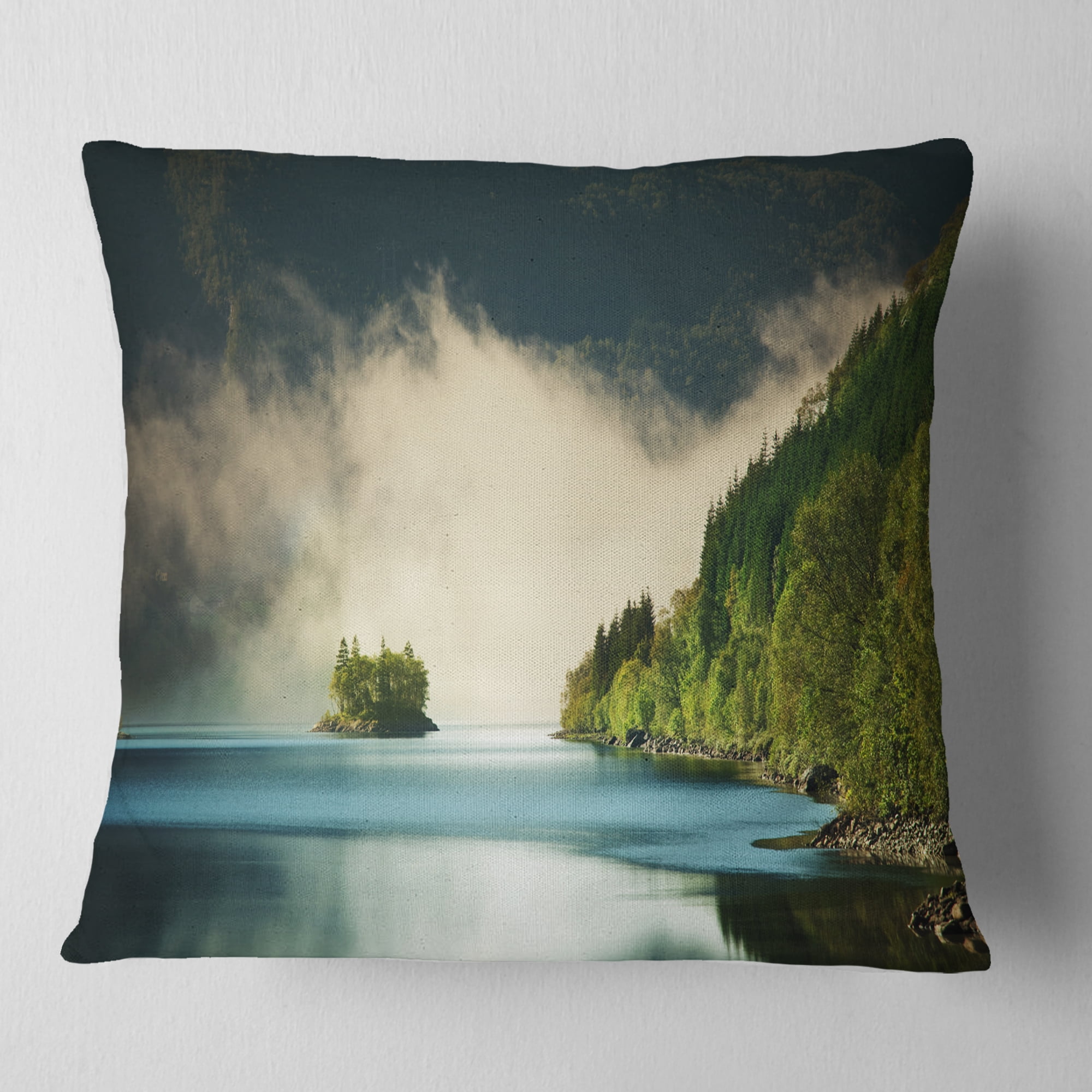 Designart Beautiful Lake By Green Mountains - Landscape Printed Throw Pillow - 16x16