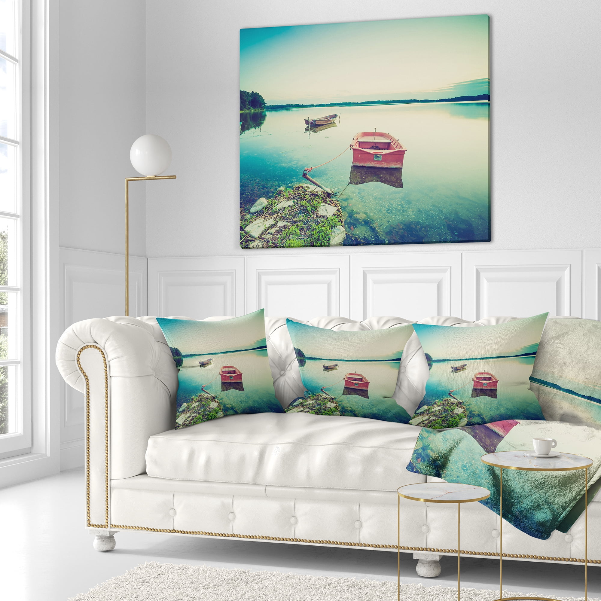 Designart Beautiful Lake Vintage View - Boat Throw Pillow - 18x18