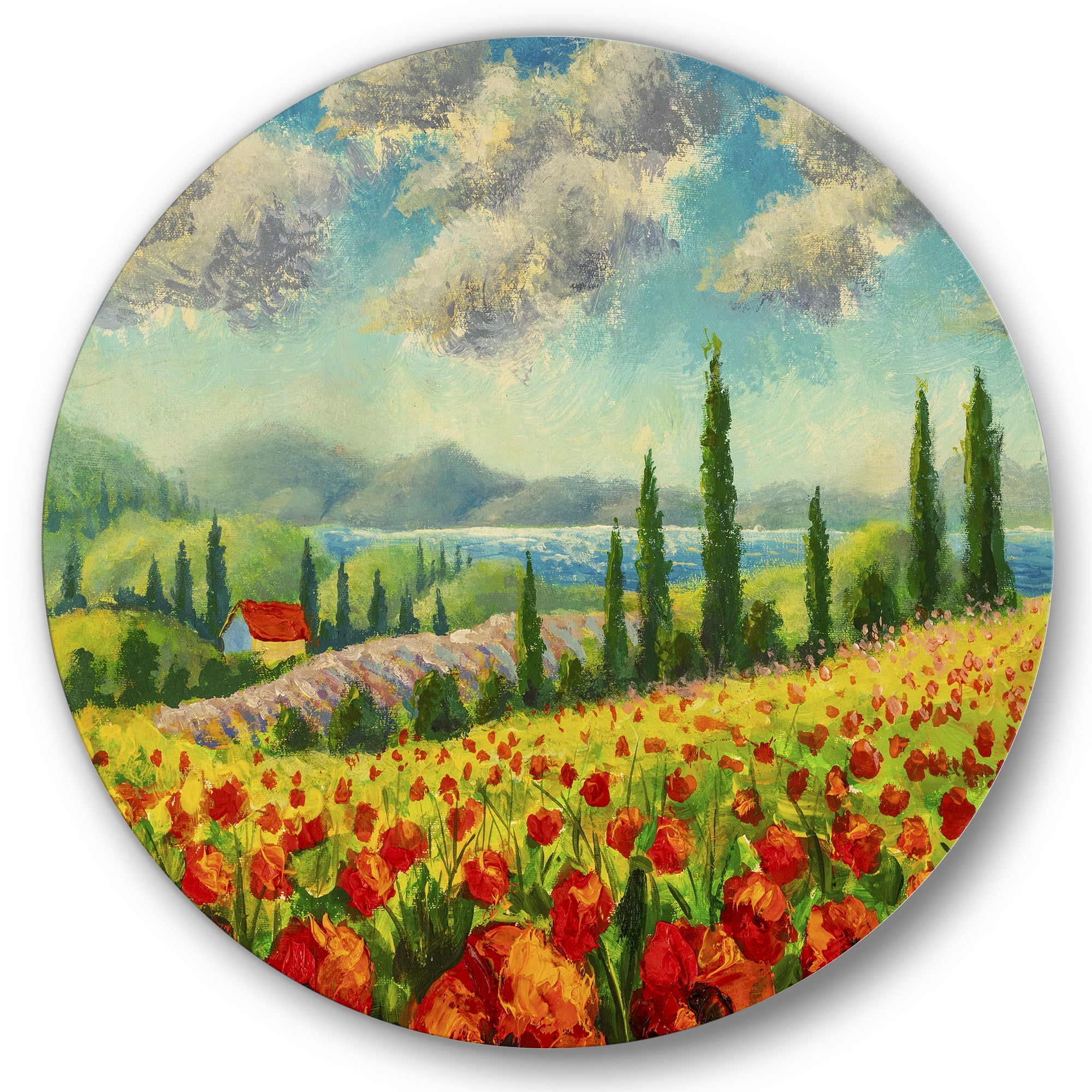 Designart 'Beautiful Landscape With Poppies Flowers By Riverside' Traditional Circle Metal Wall Art 11x11 - Disc of 11