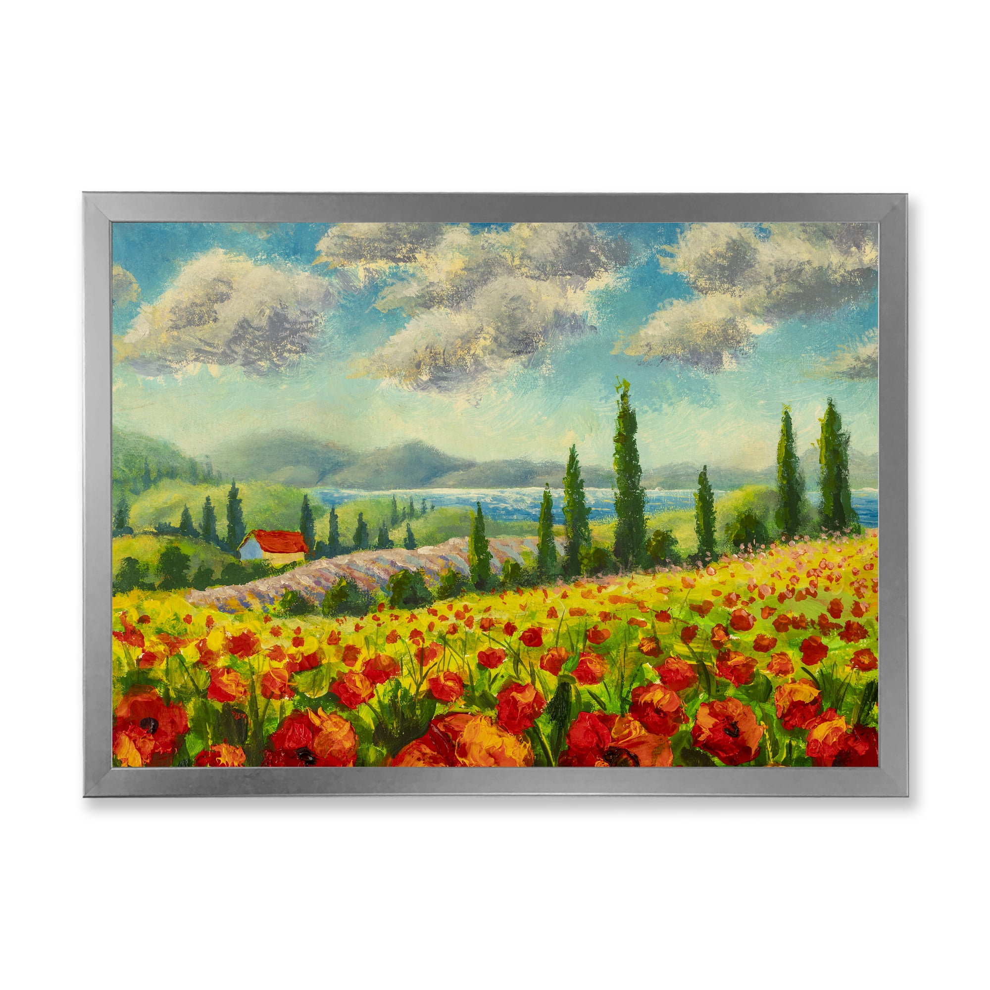 Designart 'Beautiful Landscape With Poppies Flowers By Riverside' Traditional Framed Art Print