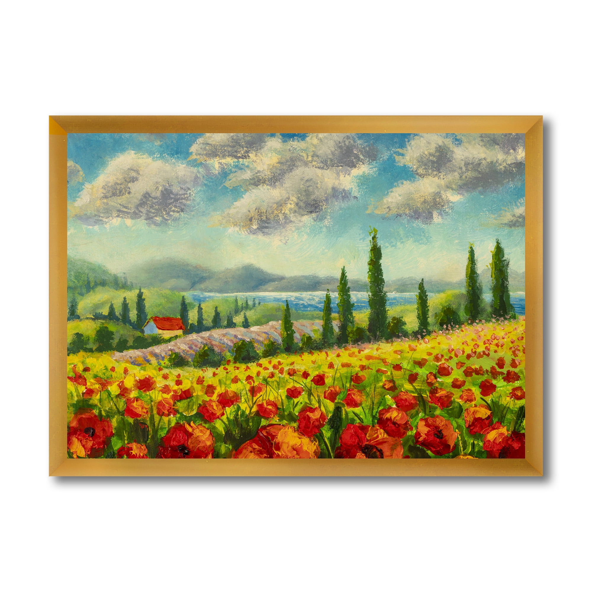 Designart 'Beautiful Landscape With Poppies Flowers By Riverside' Traditional Framed Art Print