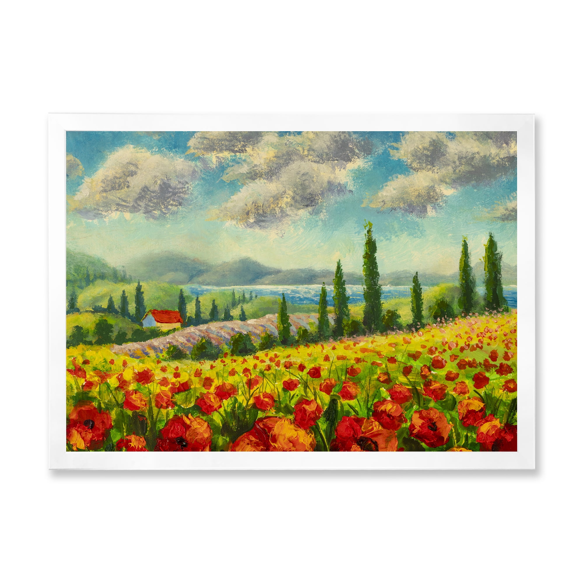 Designart 'Beautiful Landscape With Poppies Flowers By Riverside' Traditional Framed Art Print