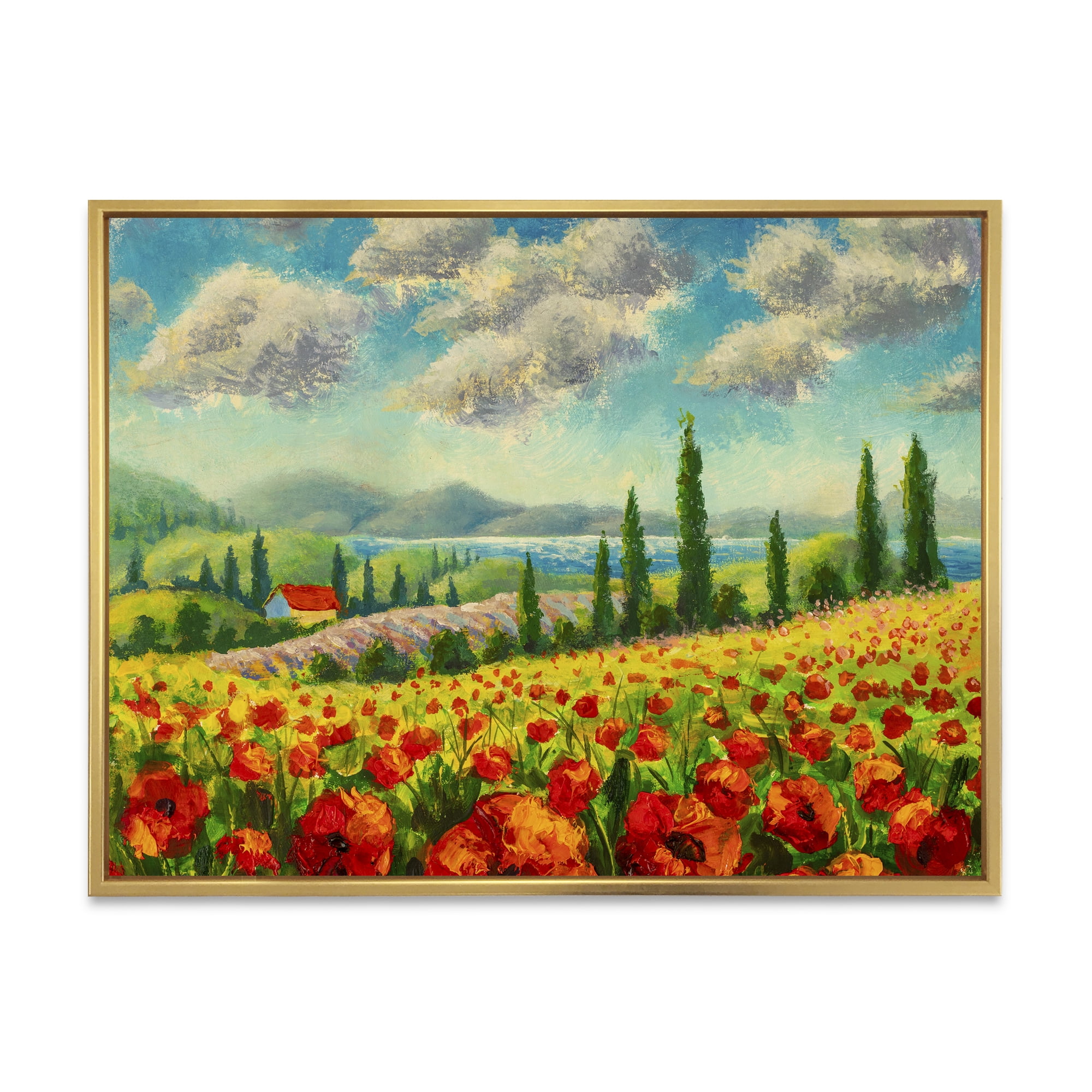 Designart 'Beautiful Landscape With Poppies Flowers By Riverside' Traditional Framed Canvas Wall Art Print