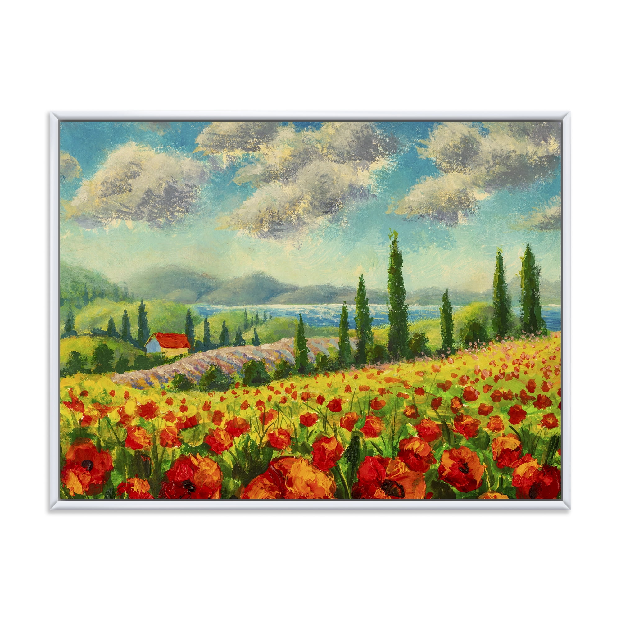 Designart 'Beautiful Landscape With Poppies Flowers By Riverside' Traditional Framed Canvas Wall Art Print