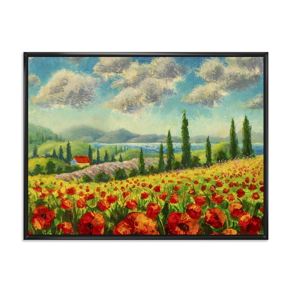 Designart 'Beautiful Landscape With Poppies Flowers By Riverside' Traditional Framed Canvas Wall Art Print