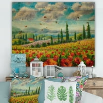 Designart 'Beautiful Landscape With Poppies Flowers By Riverside' Traditional Print on Natural Pine Wood