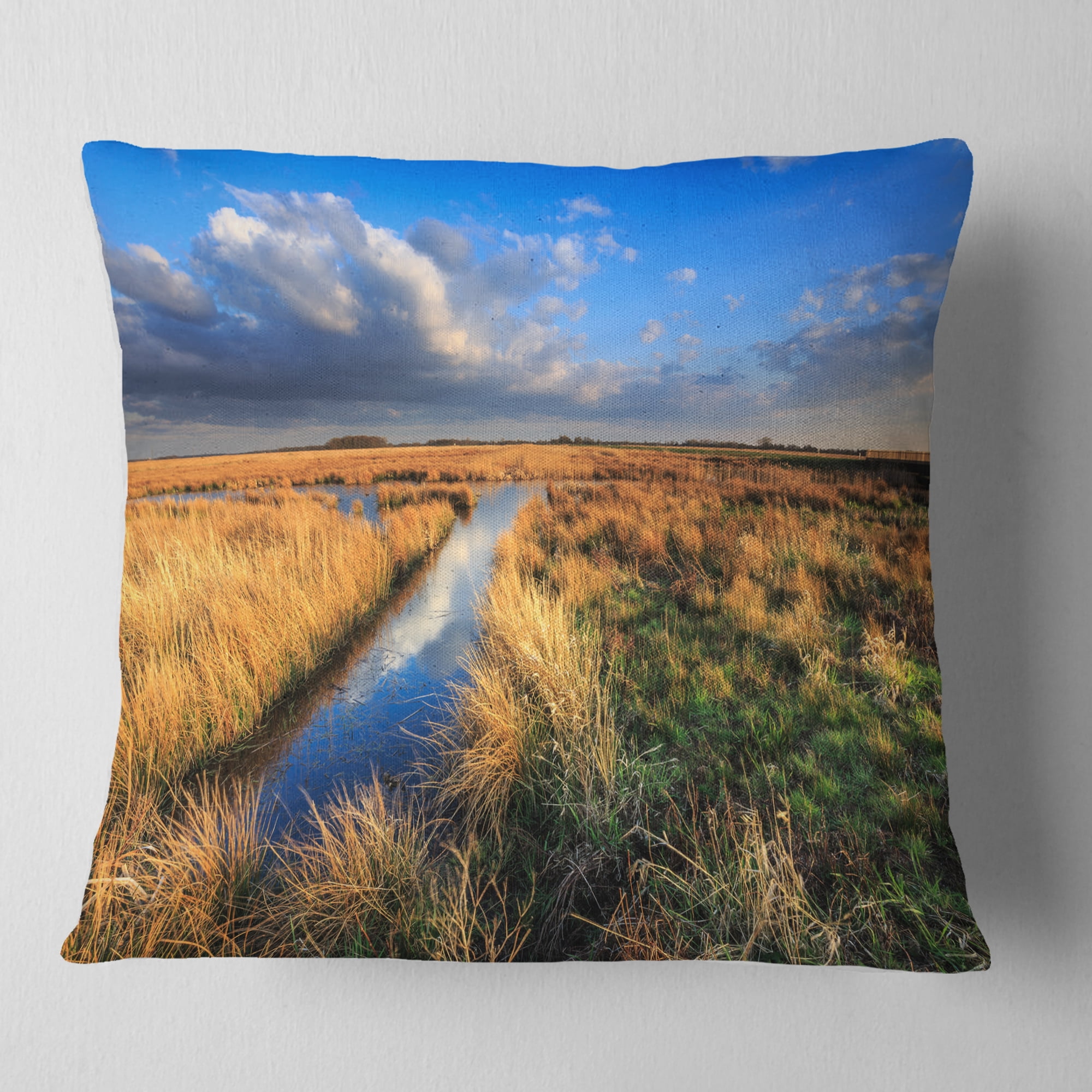 Designart Beautiful Meadow with Blue Sky - Landscape Printed Throw Pillow - 16x16
