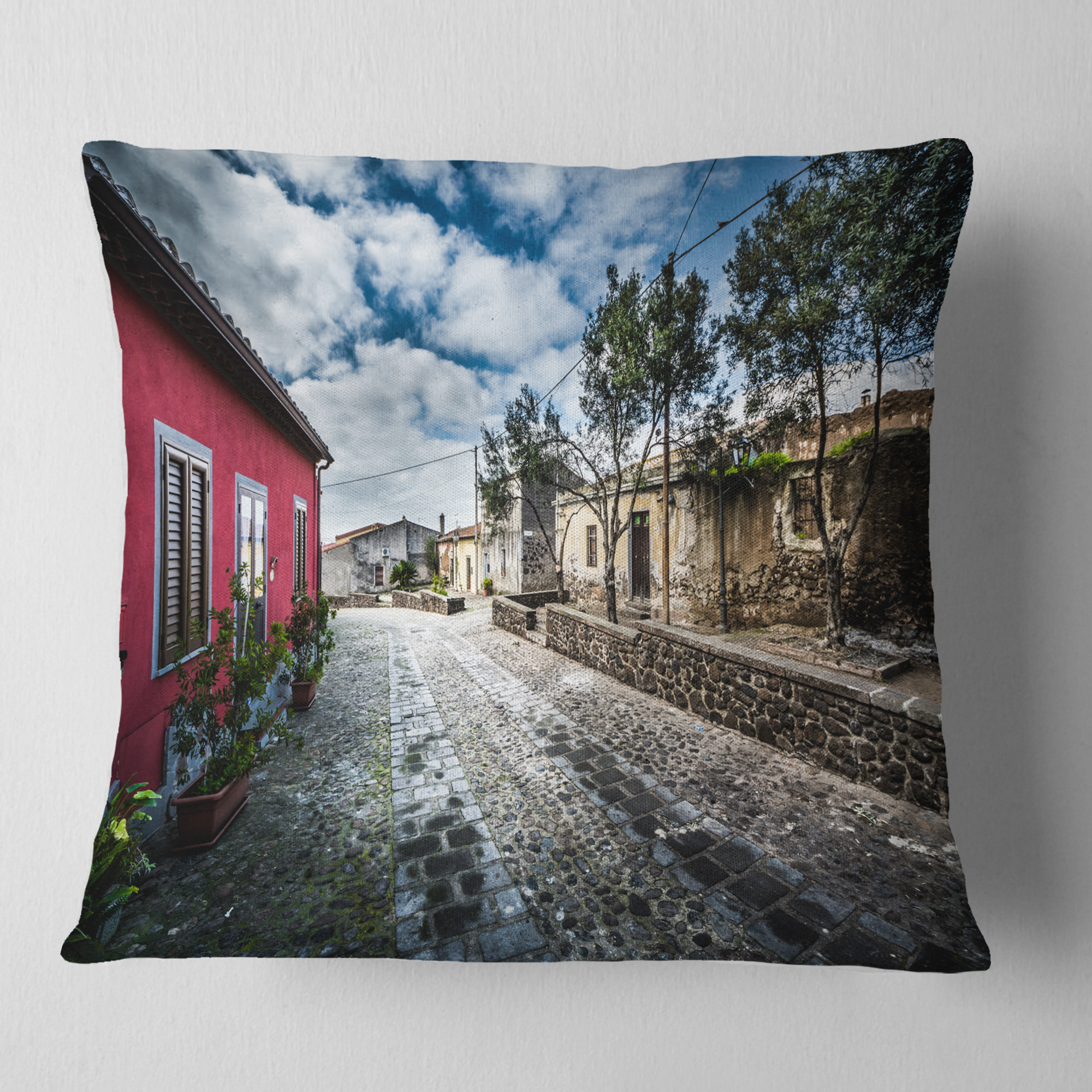 Designart Beautiful Milis Street Sardinia - Landscape Printed Throw Pillow - 18x18