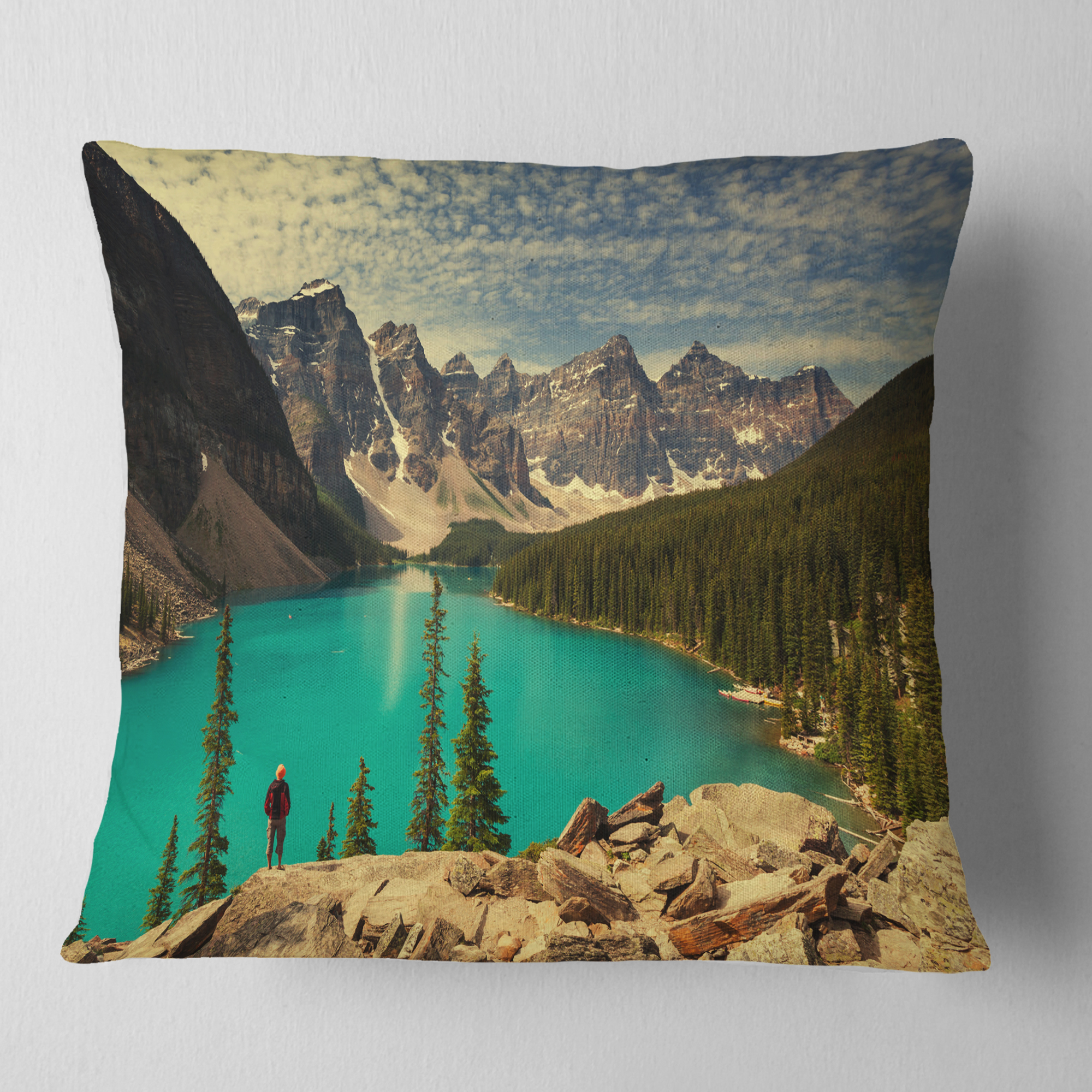 Designart Beautiful Moraine Mountain Lake - Landscape Printed Throw Pillow - 16x16