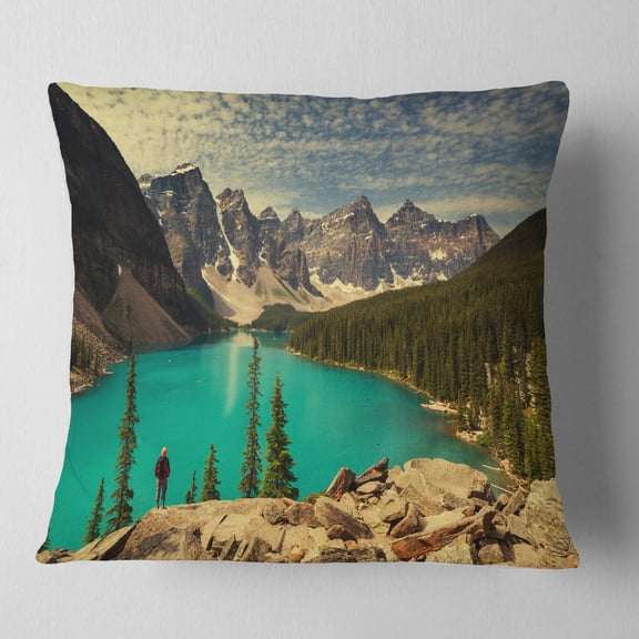 Designart Beautiful Moraine Mountain Lake - Landscape Printed Throw Pillow - 18x18