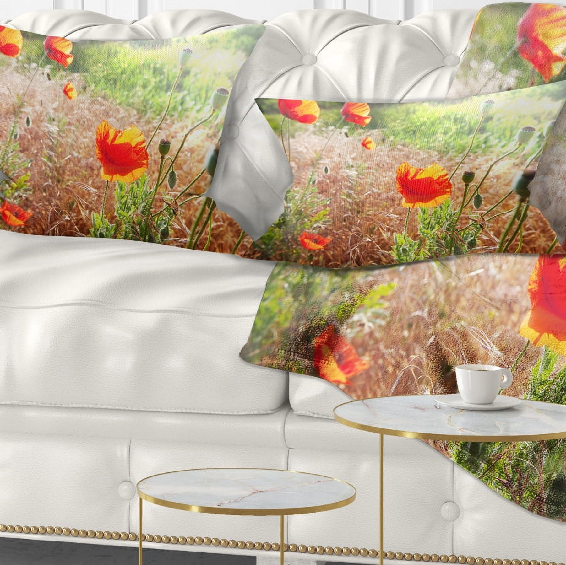 Designart Beautiful Morning View of Poppies - Floral Throw Pillow - 12x20