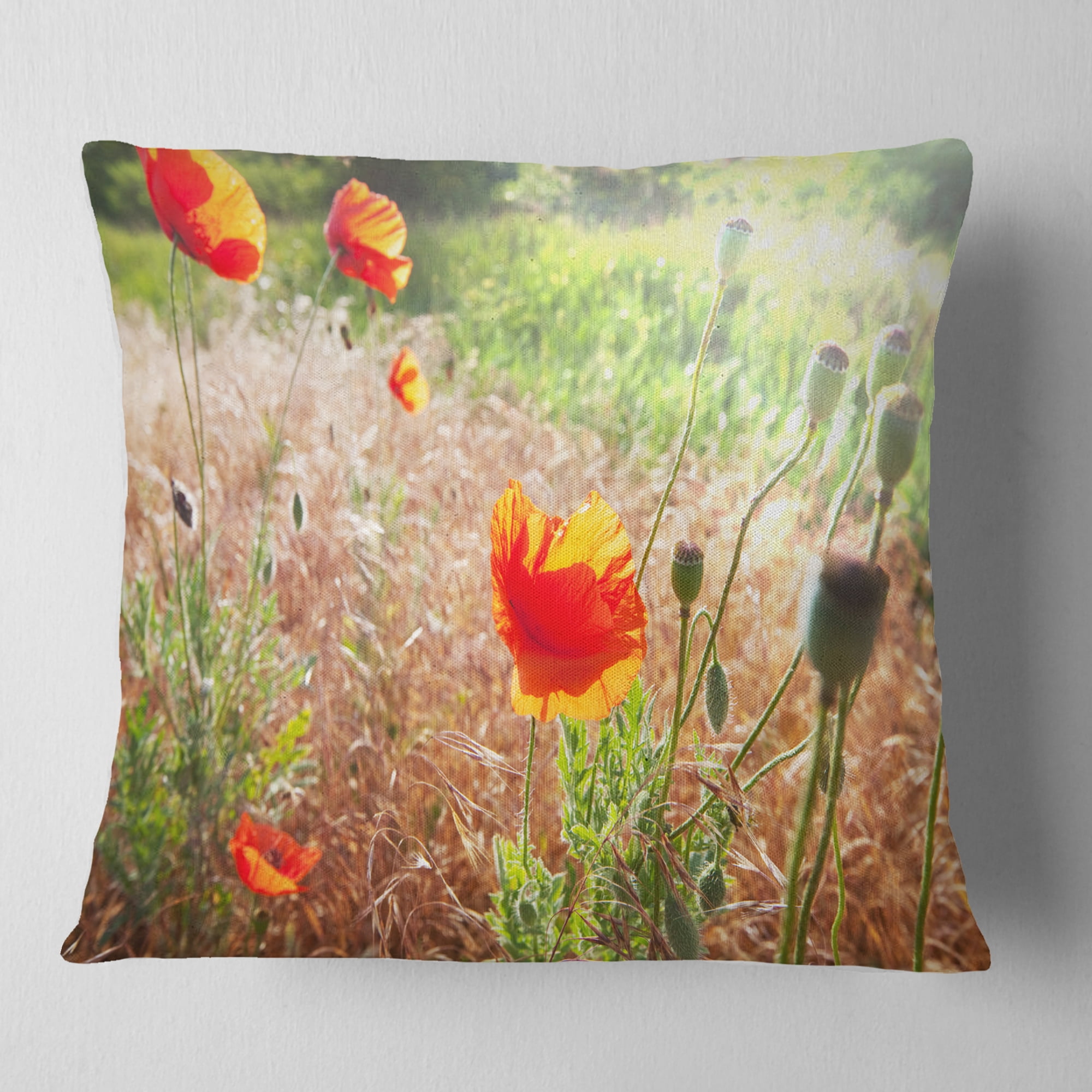 Designart Beautiful Morning View of Poppies - Floral Throw Pillow - 18x18