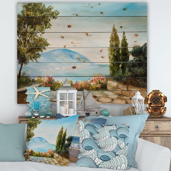 Designart 'Beautiful Mountains View By The Sea Side' Nautical & Coastal Print on Natural Pine Wood