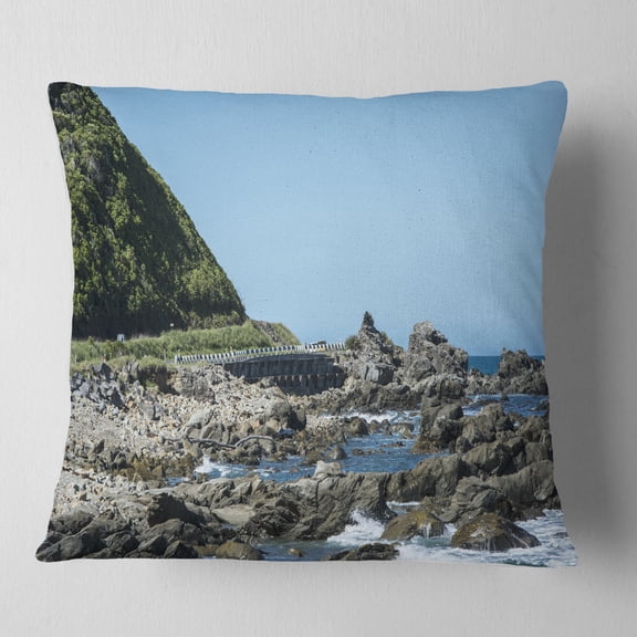 Designart Beautiful New Zealand Rocky Beach - Modern Seascape Throw Pillow - 16x16