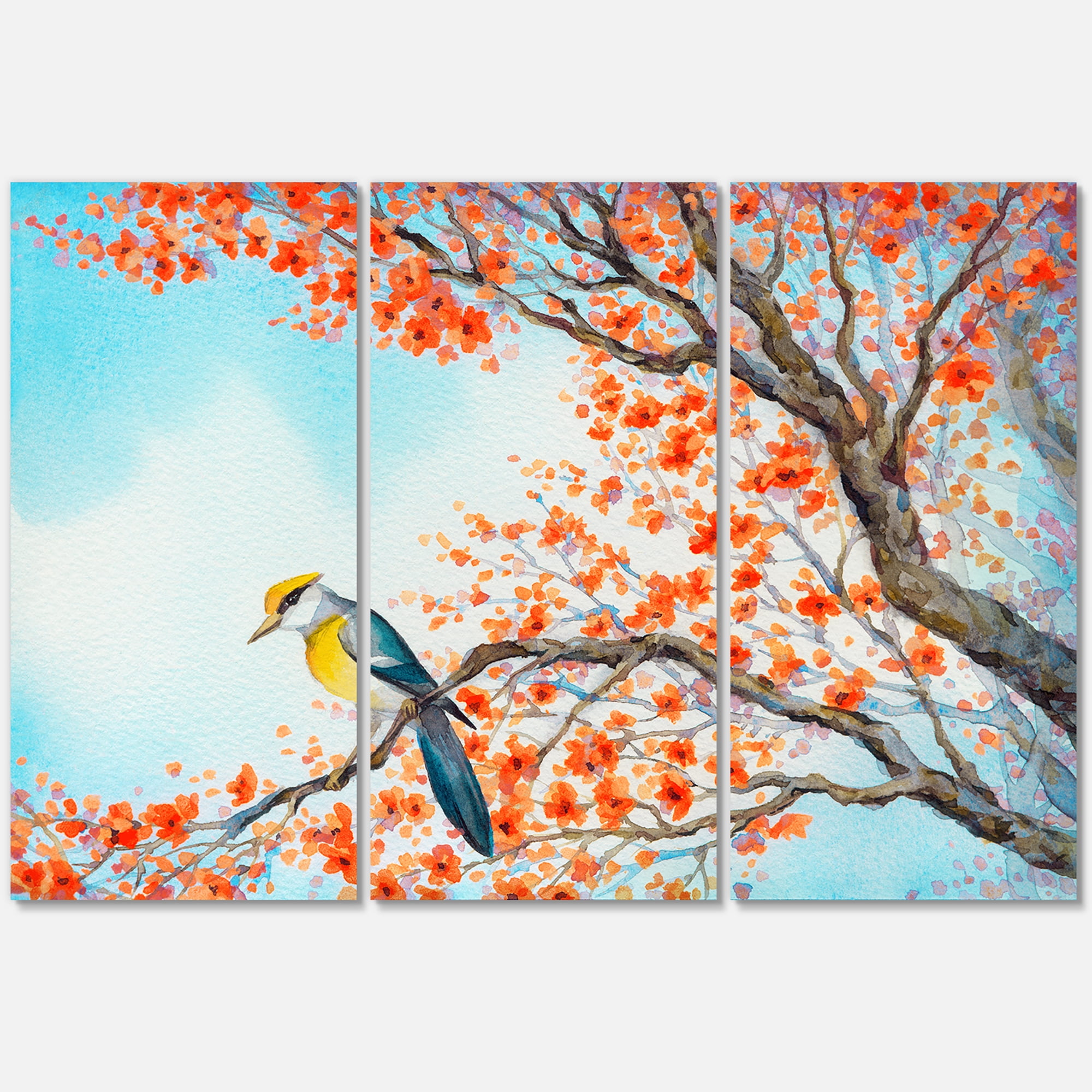Designart ' Beautiful Orange Bird Sitting On Flowering Branch ' Traditional Canvas Wall Art Print