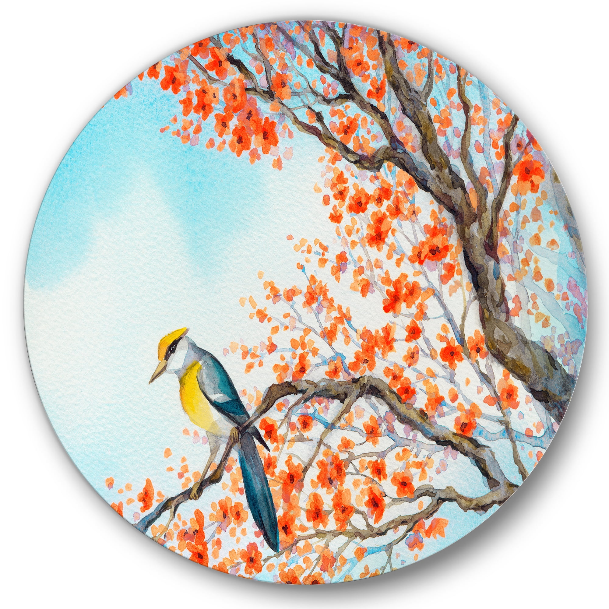 Designart 'Beautiful Orange Bird Sitting On Flowering Branch' Traditional Circle Metal Wall Art 36x36 - Disc of 36