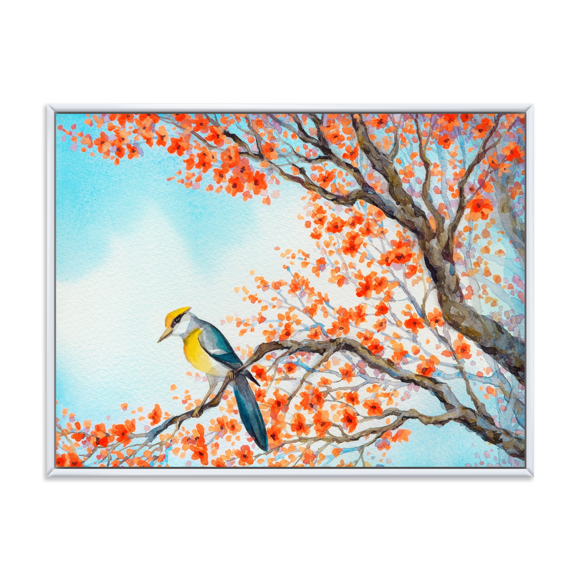 Designart 'Beautiful Orange Bird Sitting On Flowering Branch' Traditional Framed Canvas Wall Art Print