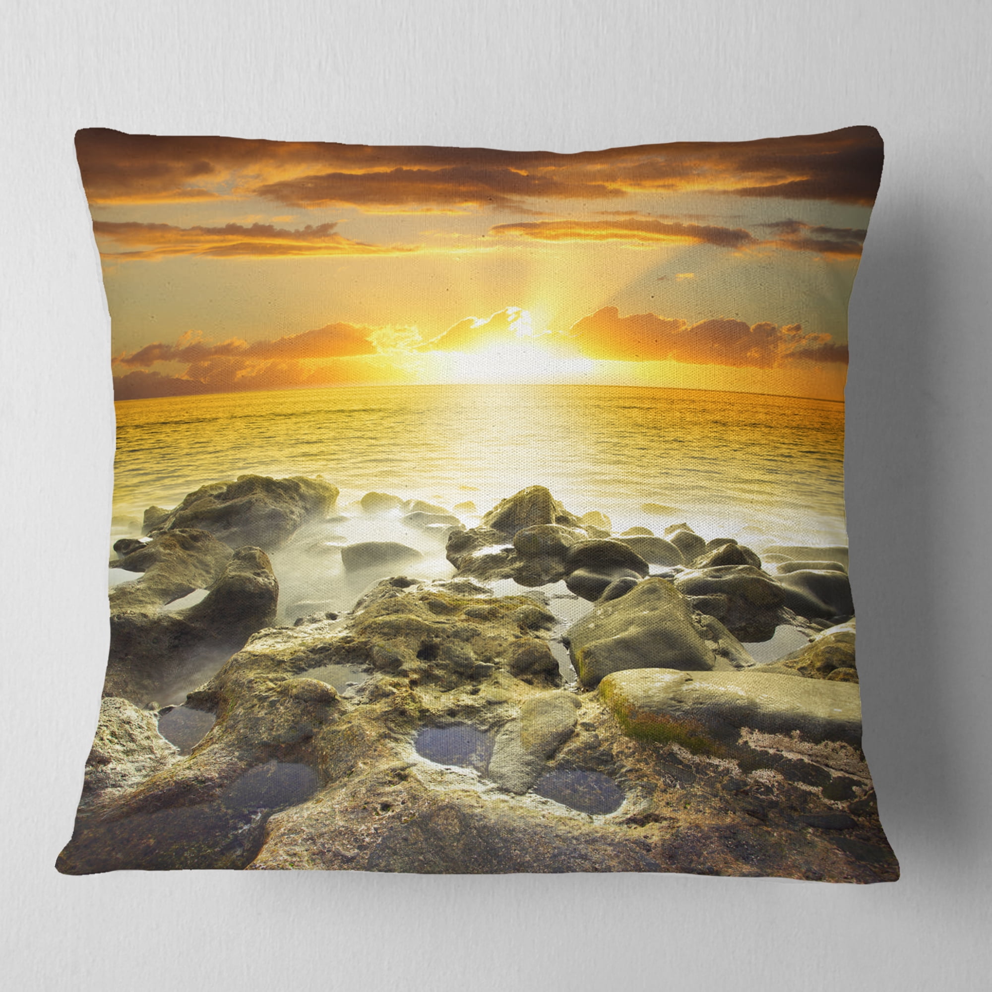 Designart Beautiful Orange Sundown Beach - Seashore Throw Pillow - 18x18