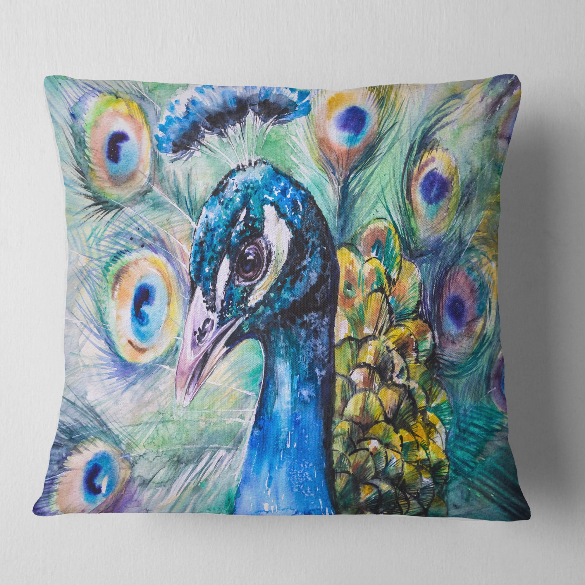 Designart Beautiful Peacock Watercolor - Abstract Throw Pillow - 16x16