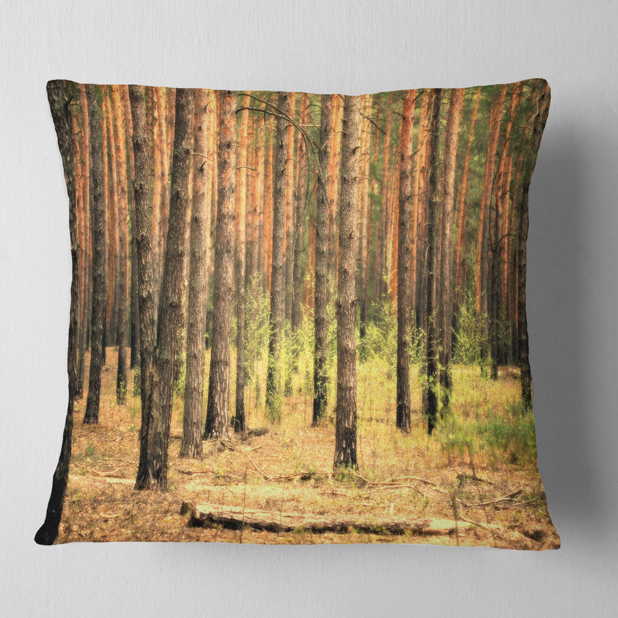 Designart Beautiful Pine Forest at Sunset - Modern Forest Throw Pillow - 16x16