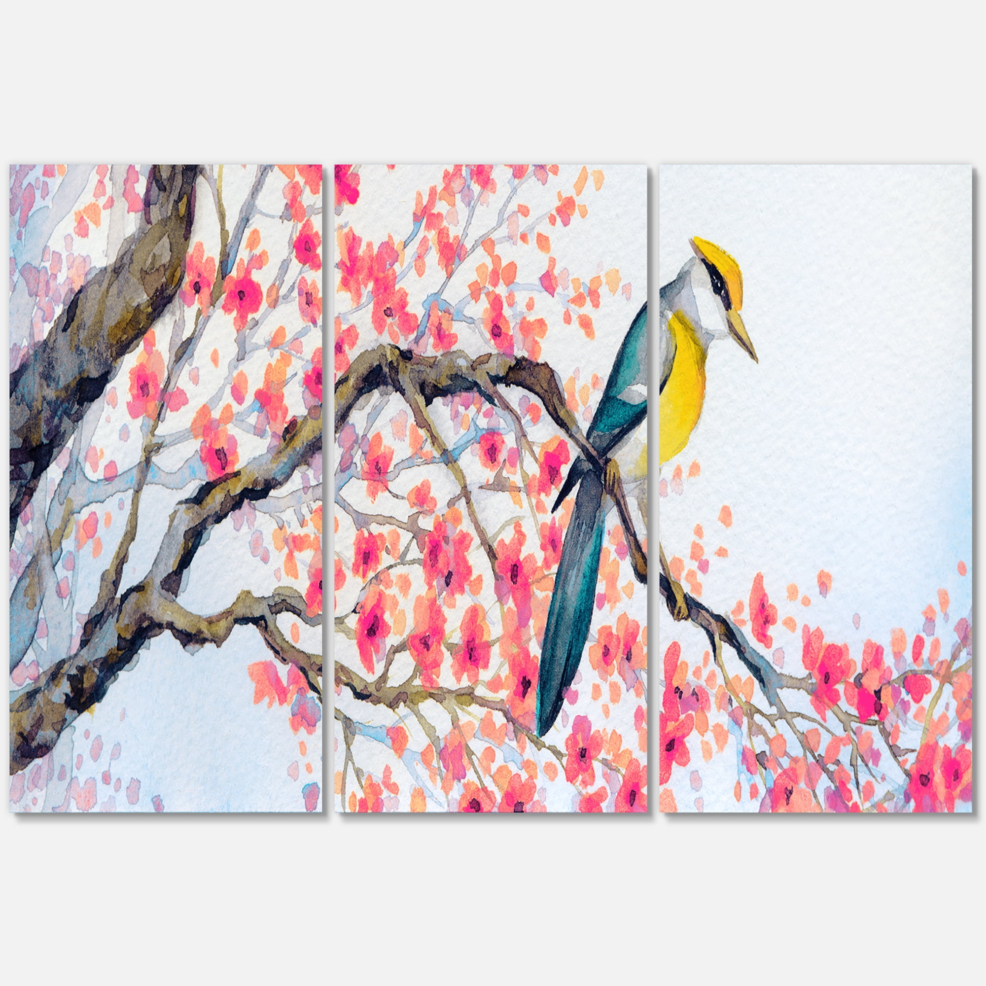 Designart ' Beautiful Pink Bird Sitting On Flowering Branch I ' Traditional Canvas Wall Art Print