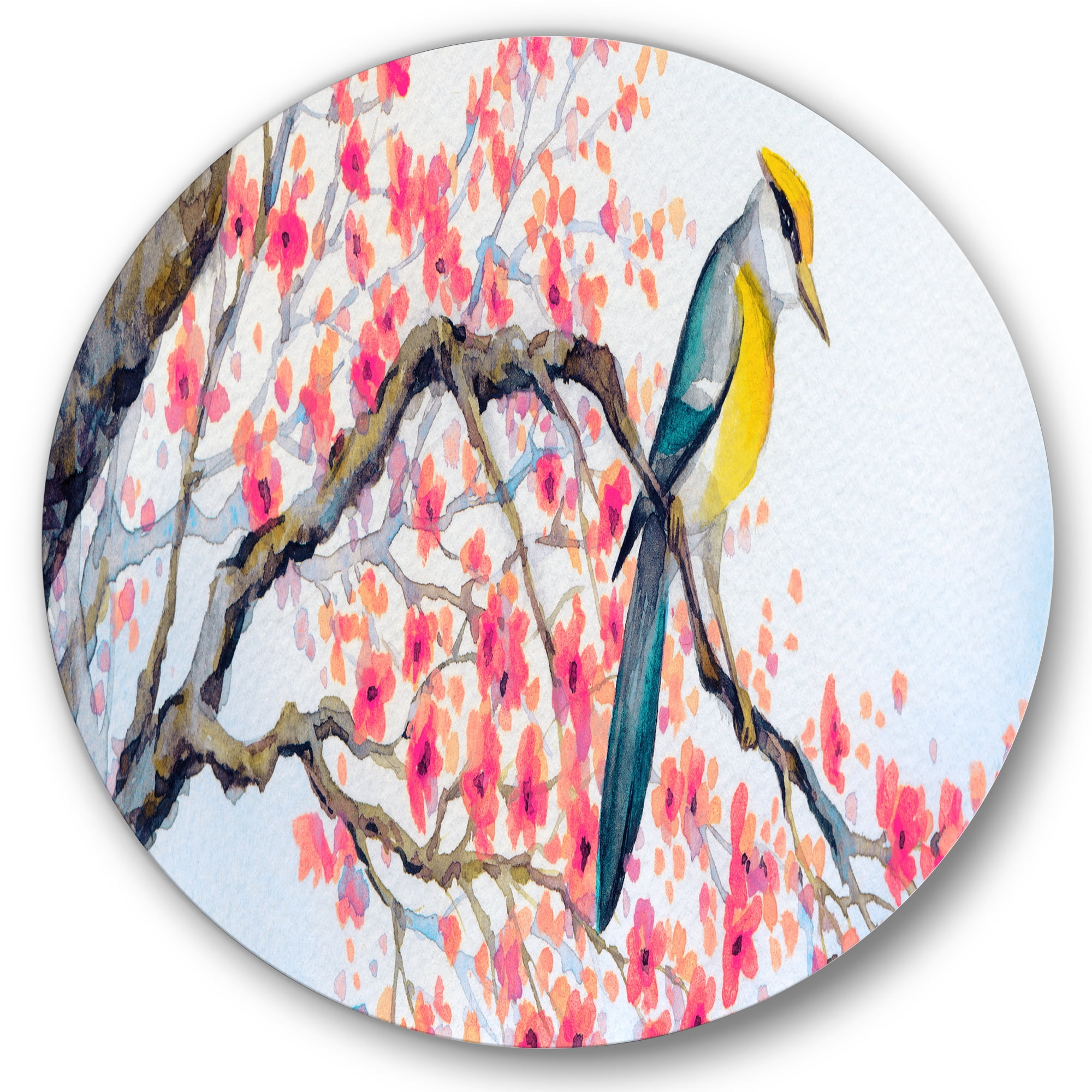 Designart 'Beautiful Pink Bird Sitting On Flowering Branch I' Traditional Circle Metal Wall Art 11x11 - Disc of 11