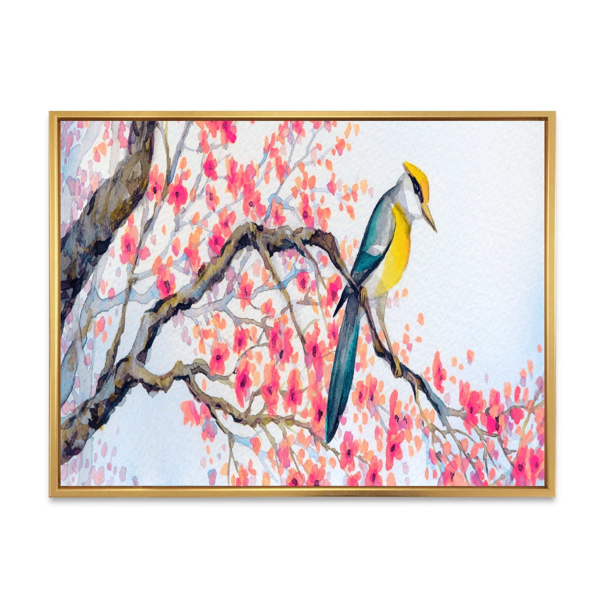 Designart 'Beautiful Pink Bird Sitting On Flowering Branch I' Traditional Framed Canvas Wall Art Print