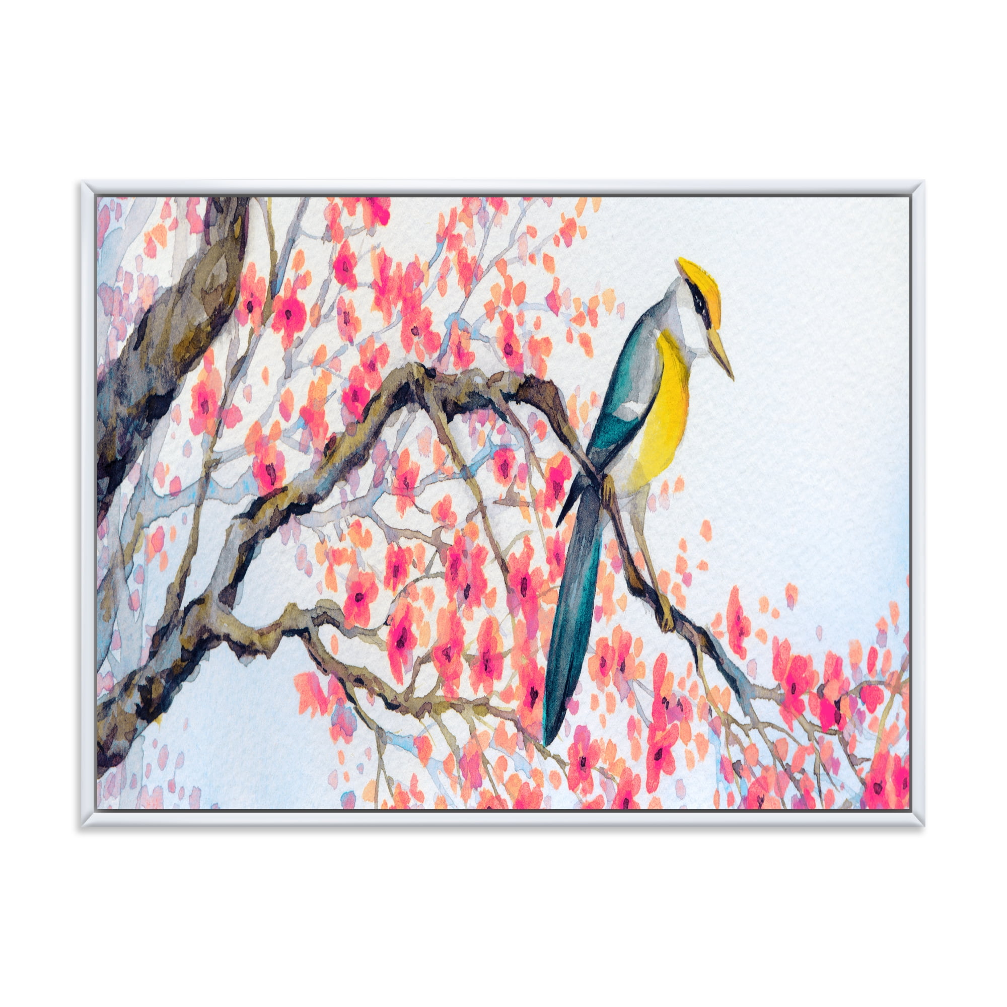 Designart 'Beautiful Pink Bird Sitting On Flowering Branch I' Traditional Framed Canvas Wall Art Print