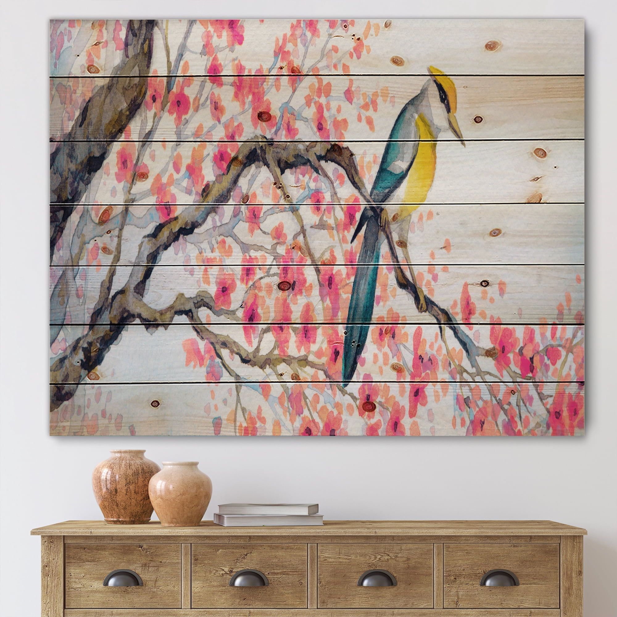 Designart 'Beautiful Pink Bird Sitting On Flowering Branch I' Traditional Print on Natural Pine Wood