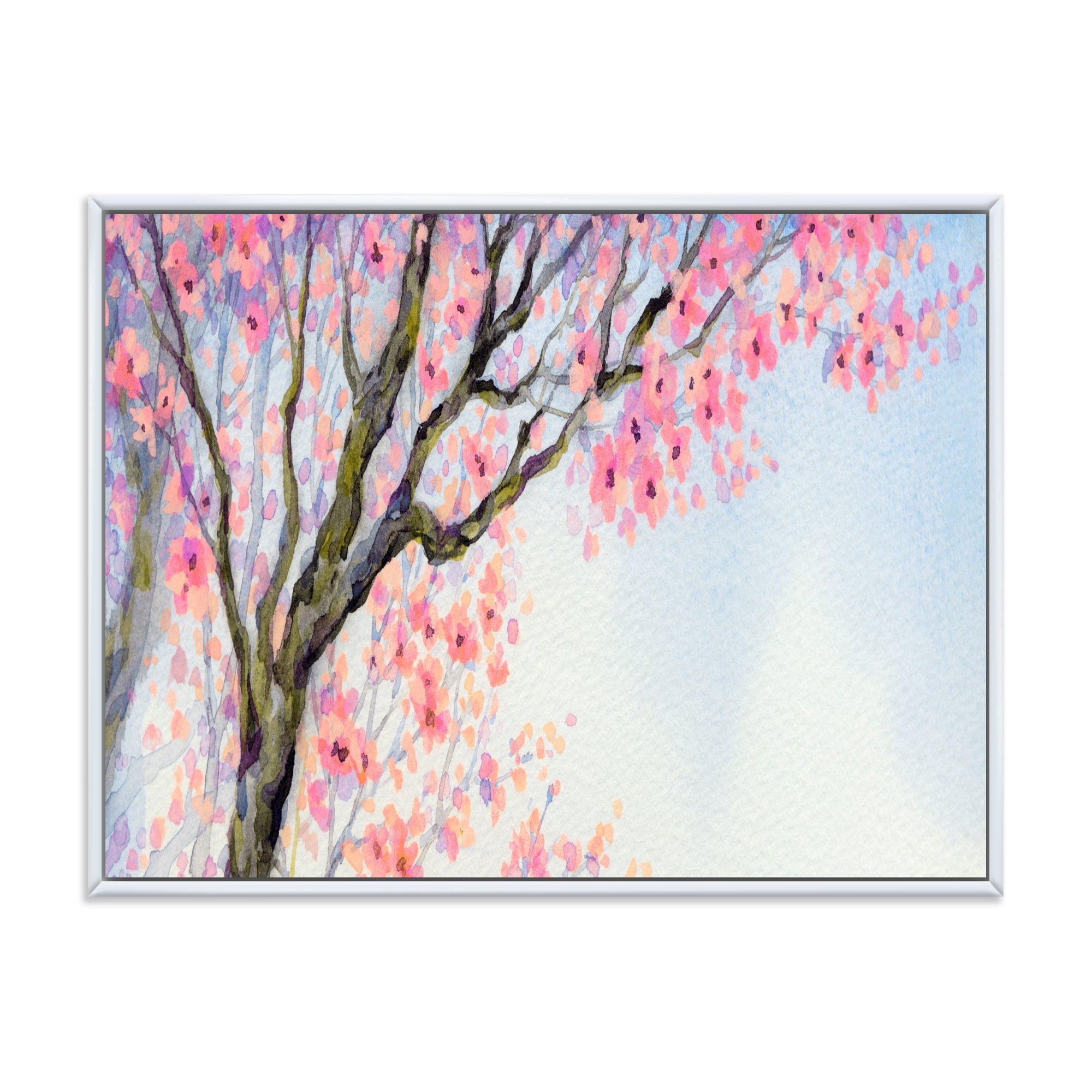 Designart 'Beautiful Pink Bird Sitting On Flowering Branch' Traditional Framed Canvas Wall Art Print