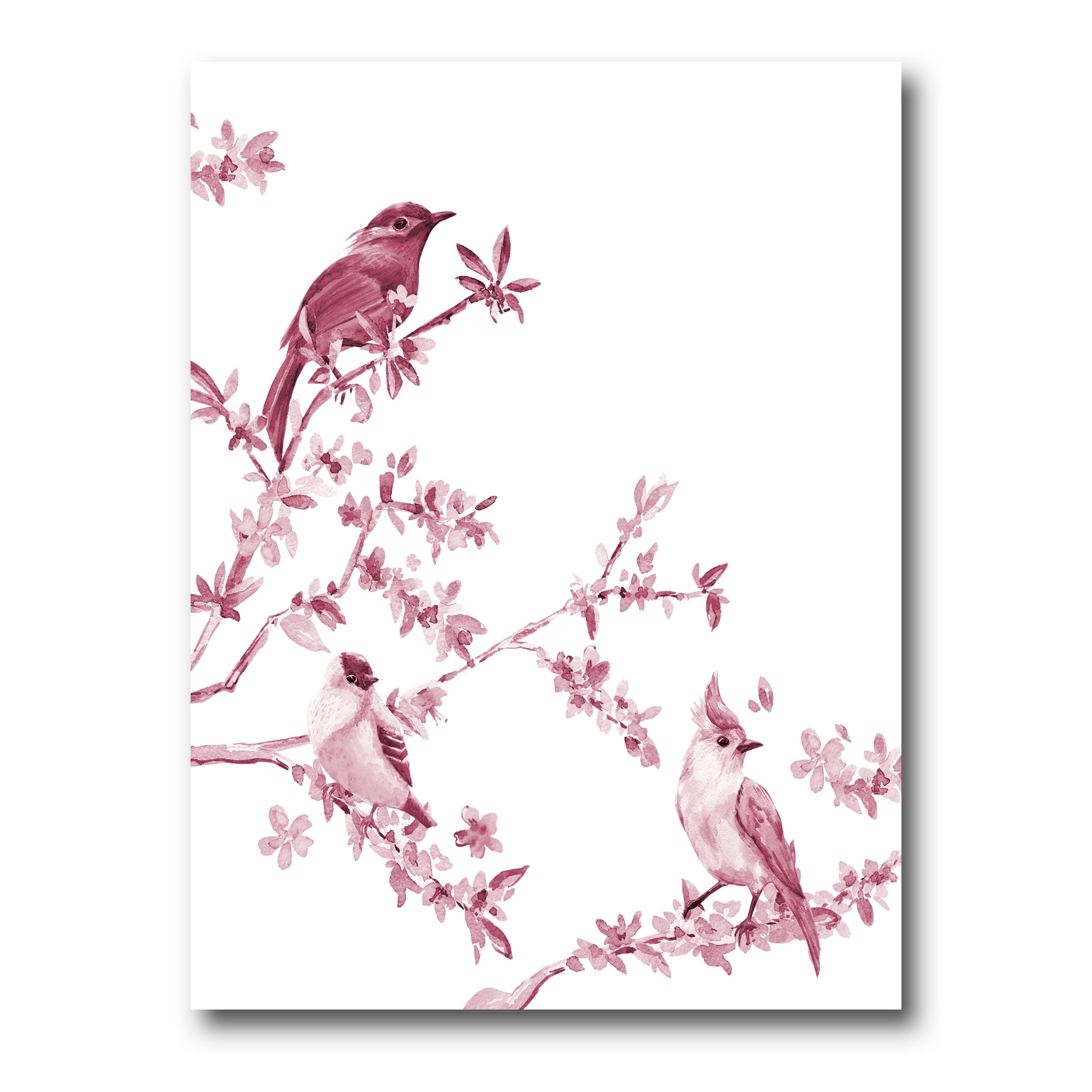 Designart ' Beautiful Pink Birds Sitting On Flowering Branches ' Traditional Canvas Wall Art Print