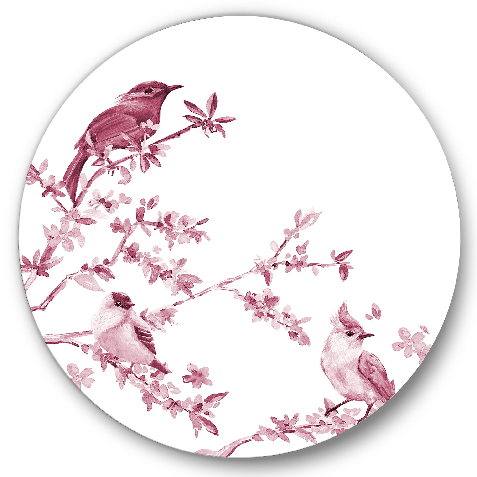 Designart 'Beautiful Pink Birds Sitting On Flowering Branches' Traditional Circle Metal Wall Art 23x23 - Disc of 23