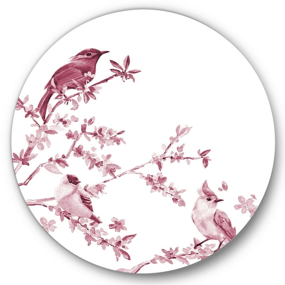 Designart 'Beautiful Pink Birds Sitting On Flowering Branches' Traditional Circle Metal Wall Art 36x36 - Disc of 36